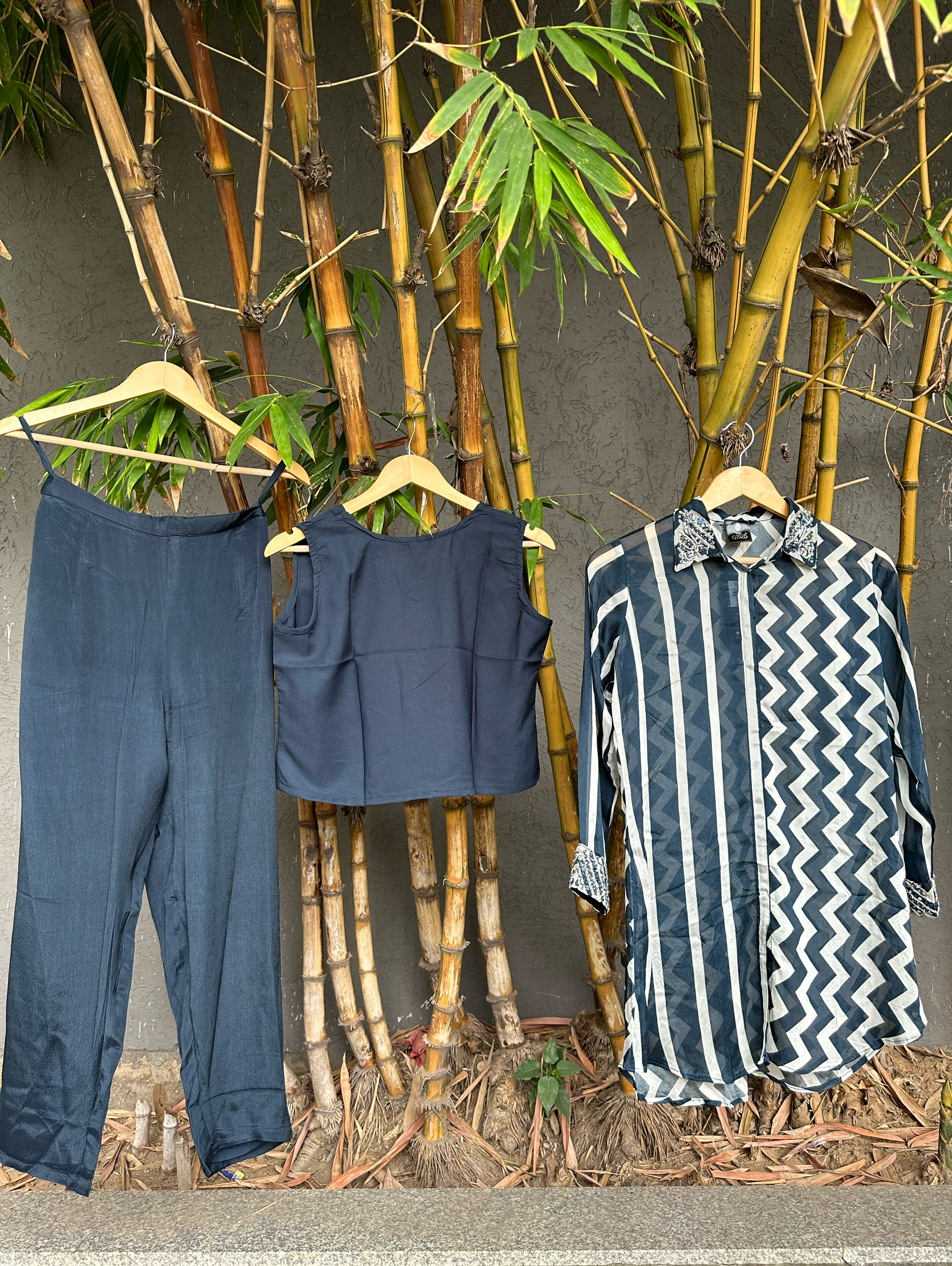 Image of Solid Blue Crepe Coord Set with Hand work - 3 Piece