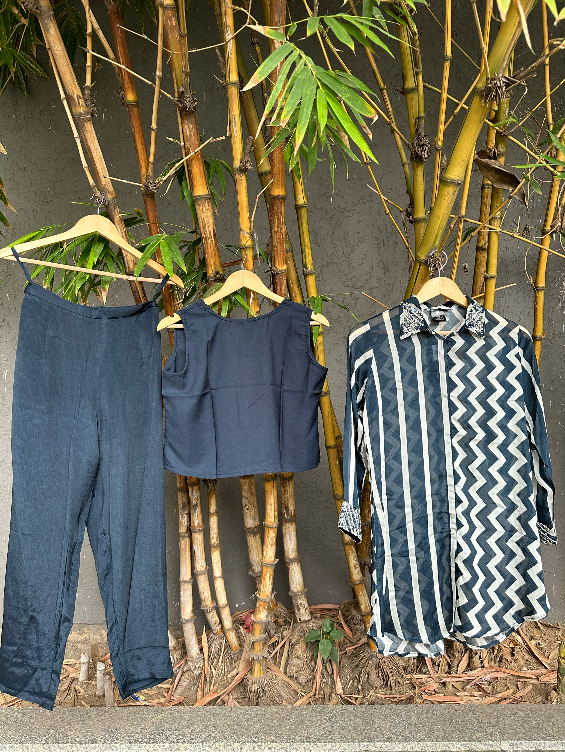 Solid Blue Crepe Coord Set with Hand work - 3 Piece