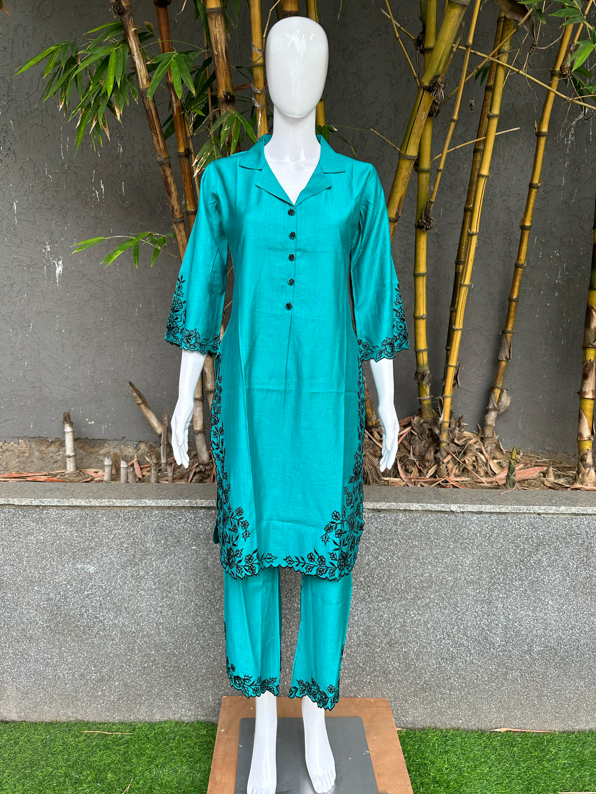 Blue Rayon Embroidery Coords - Palazzo Pant