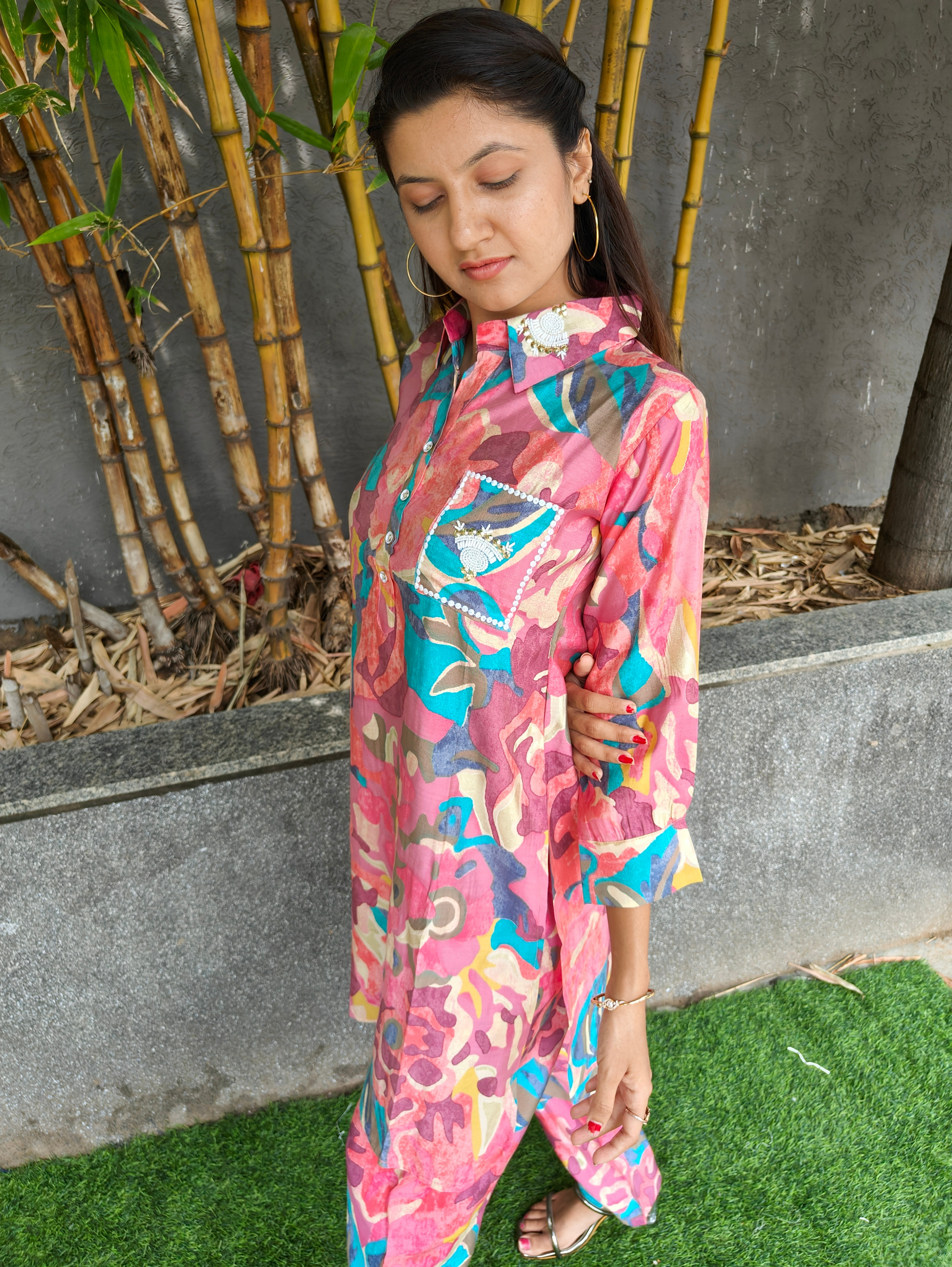 Muslin Print Collar Hand work - Coords