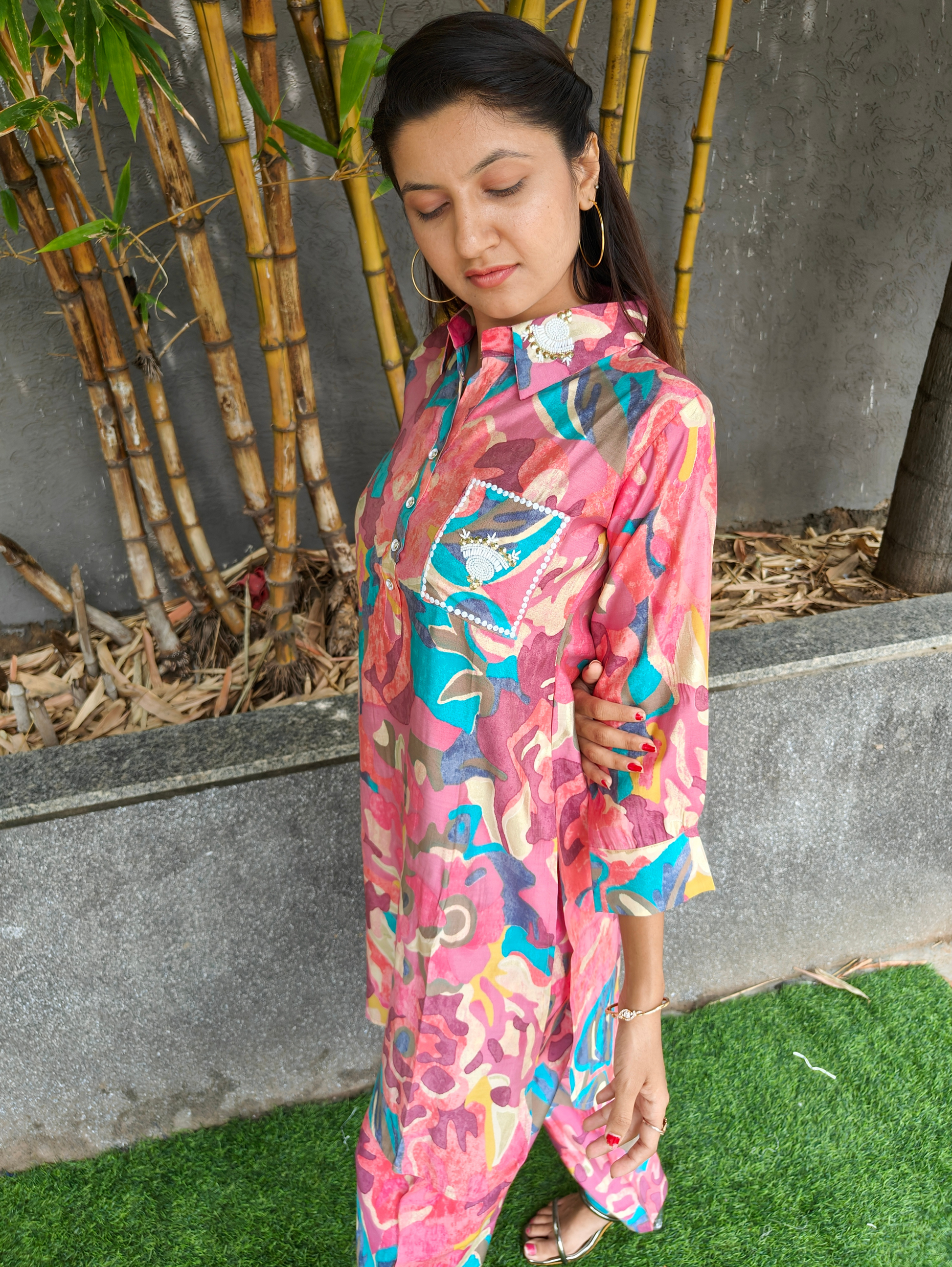 Muslin Print Collar Hand work - Coords