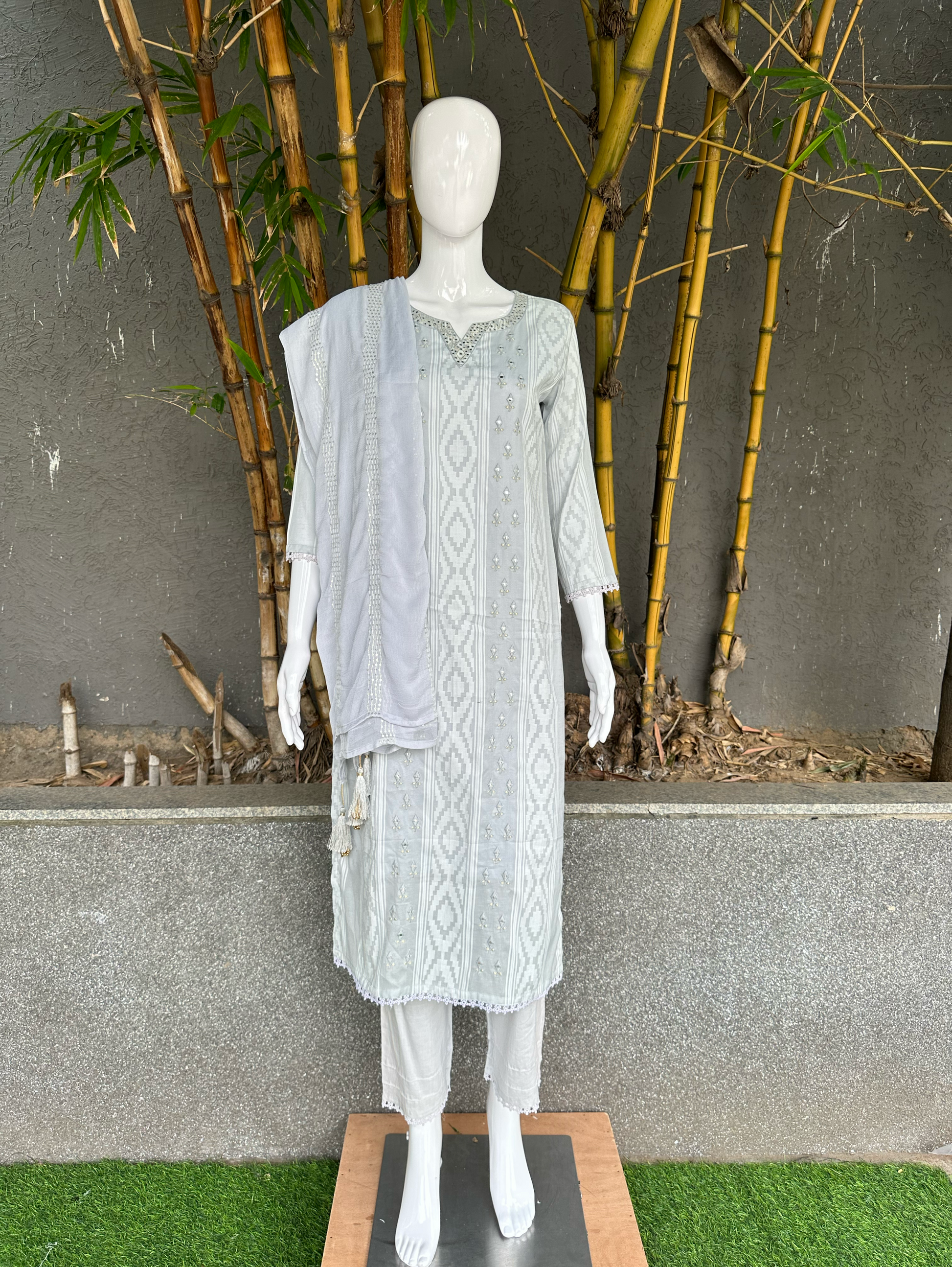 Cotton Ikkat print Embroidery Kurti Set