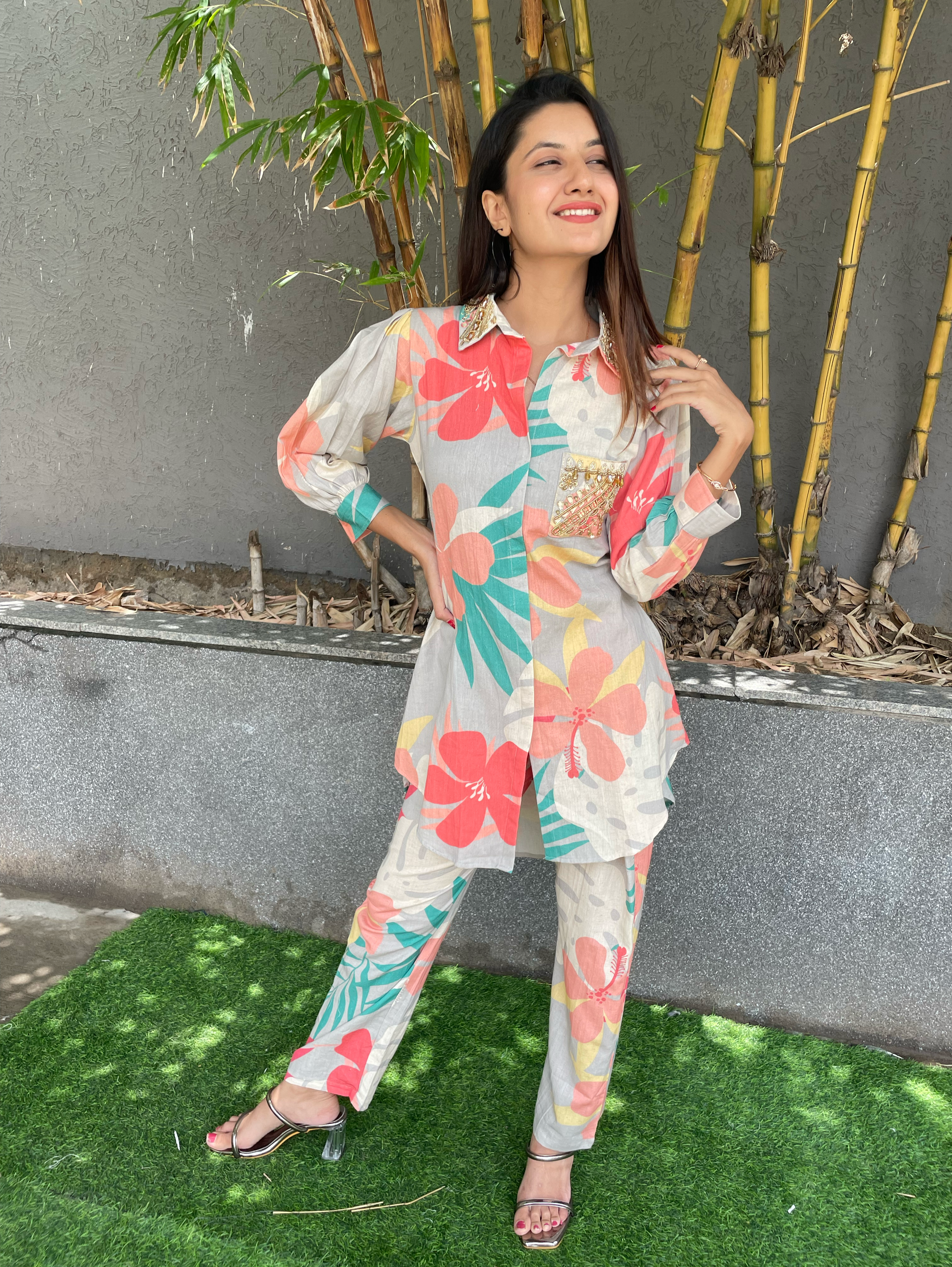 Cotton Flower Print Hand work Coords