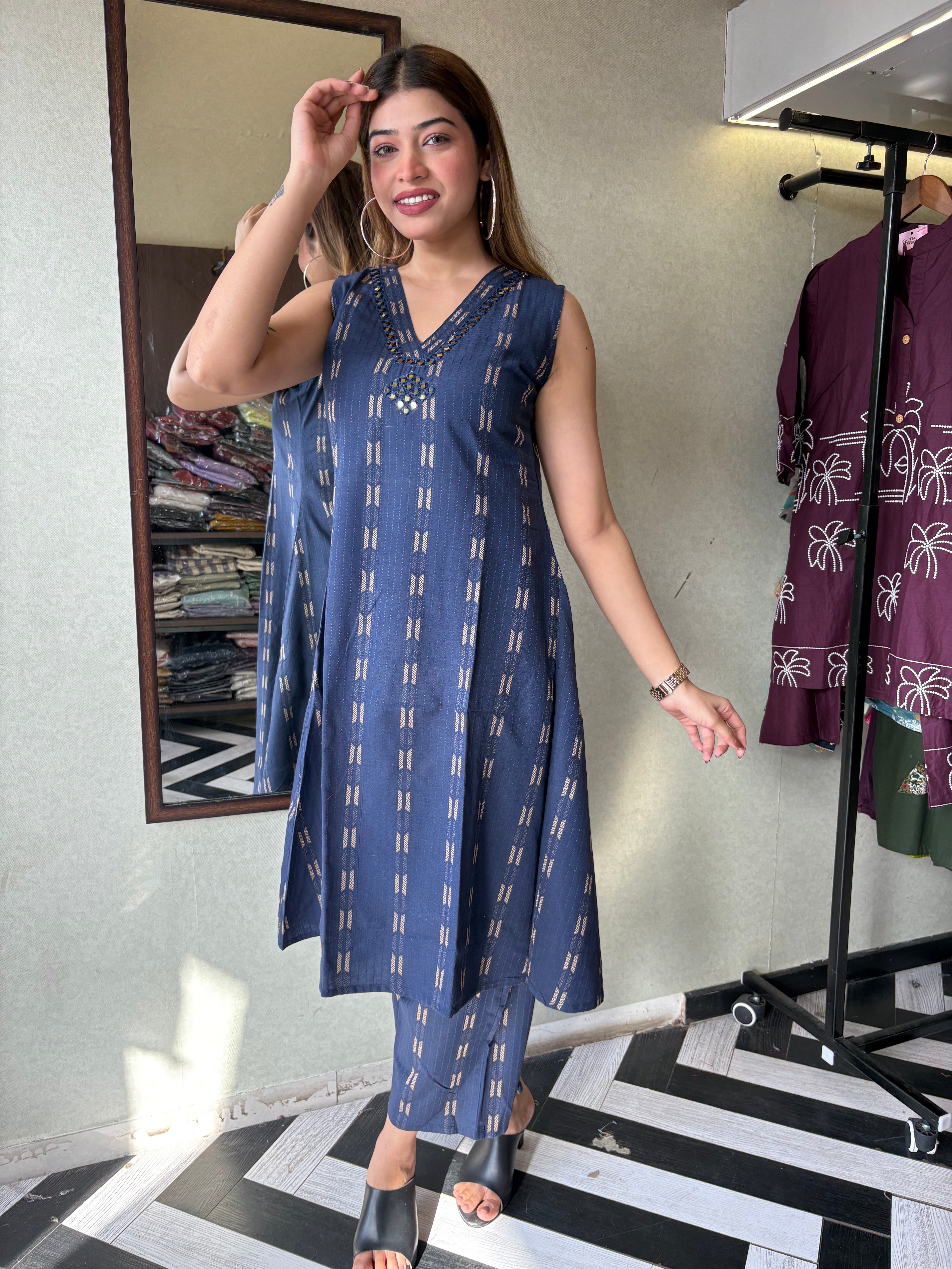 Image of Pure Cotton 2 Piece with V neck work