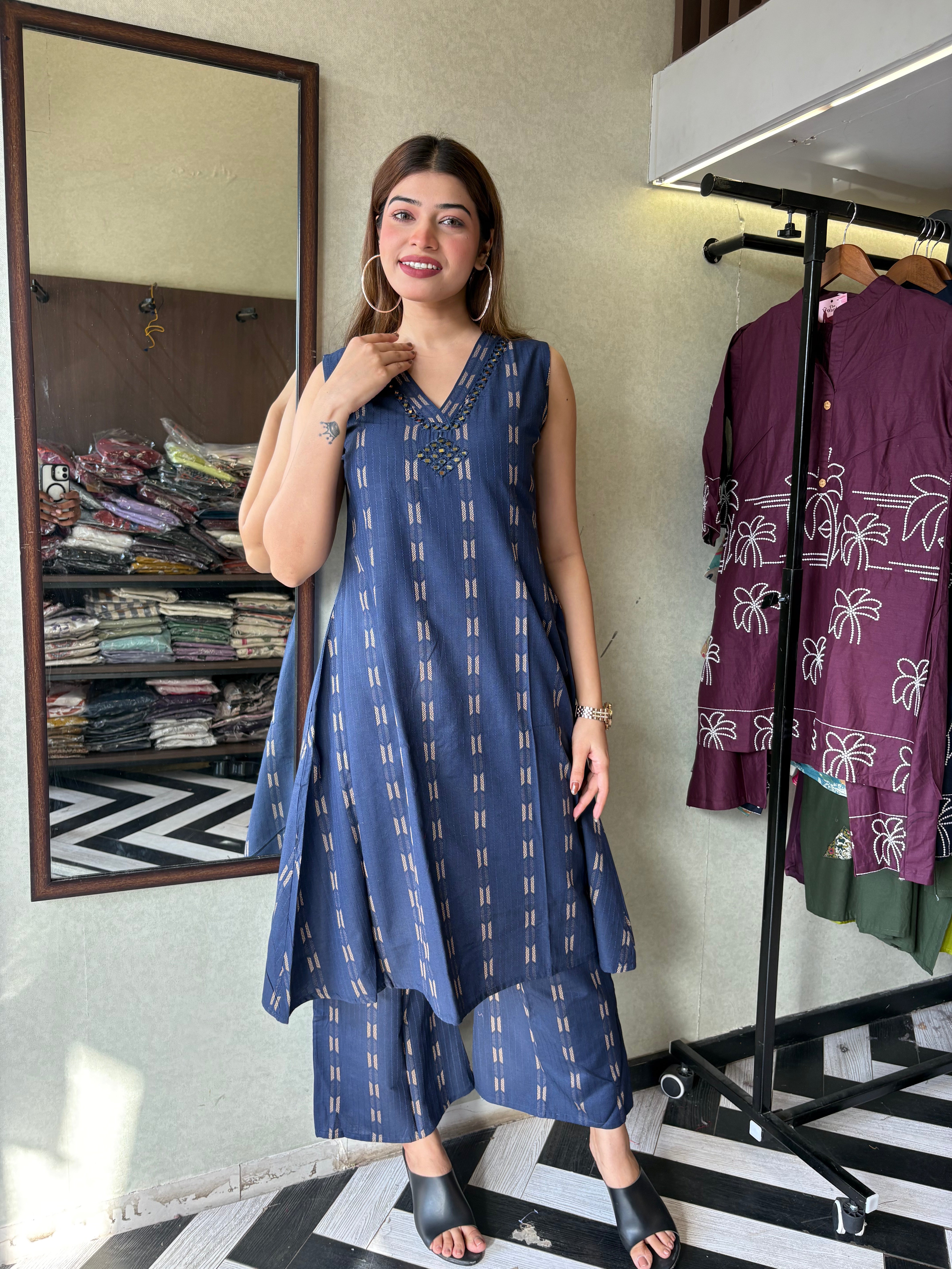 Image of Pure Cotton 2 Piece with V neck work