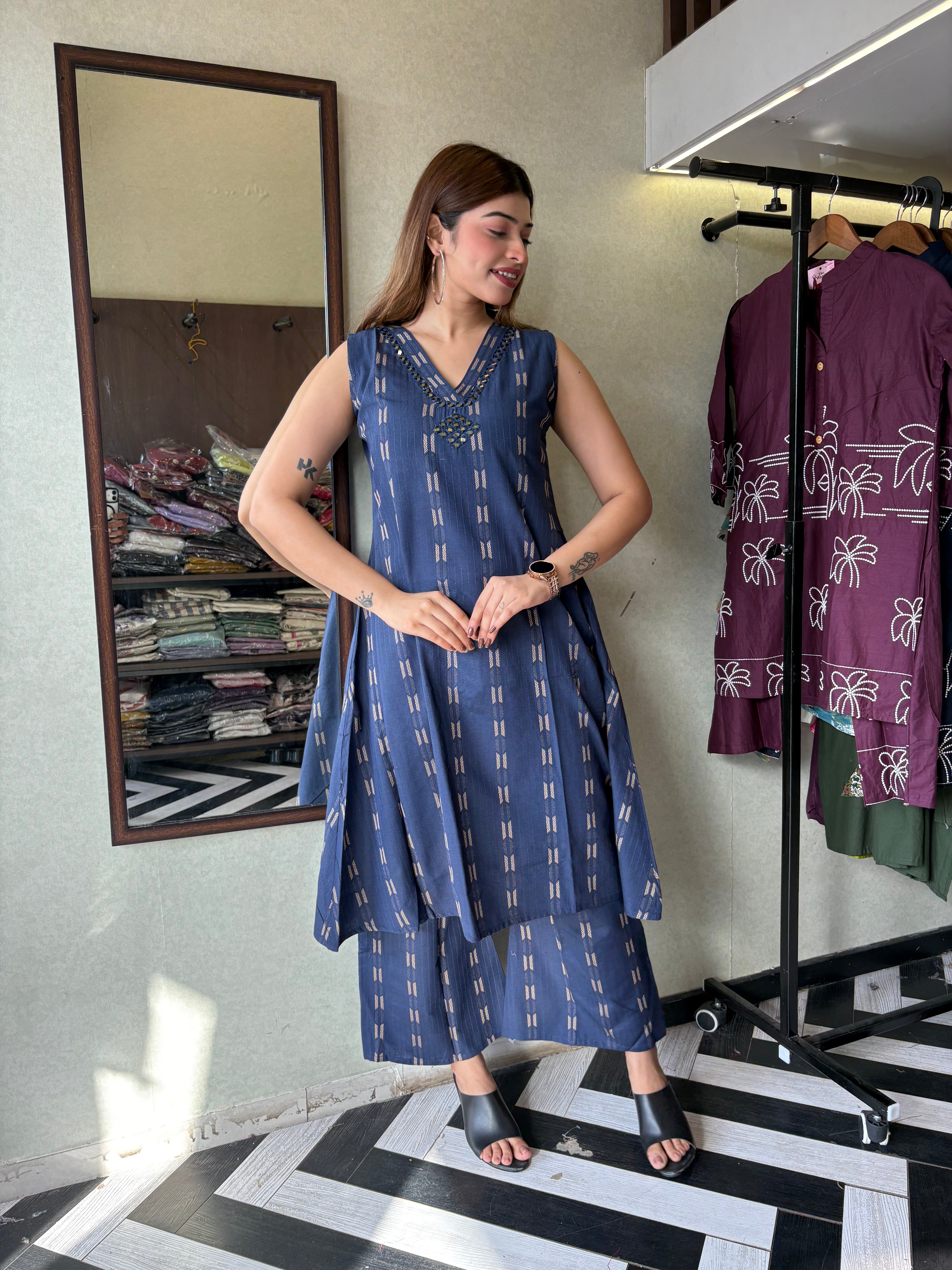 Pure Cotton 2 Piece with V neck work