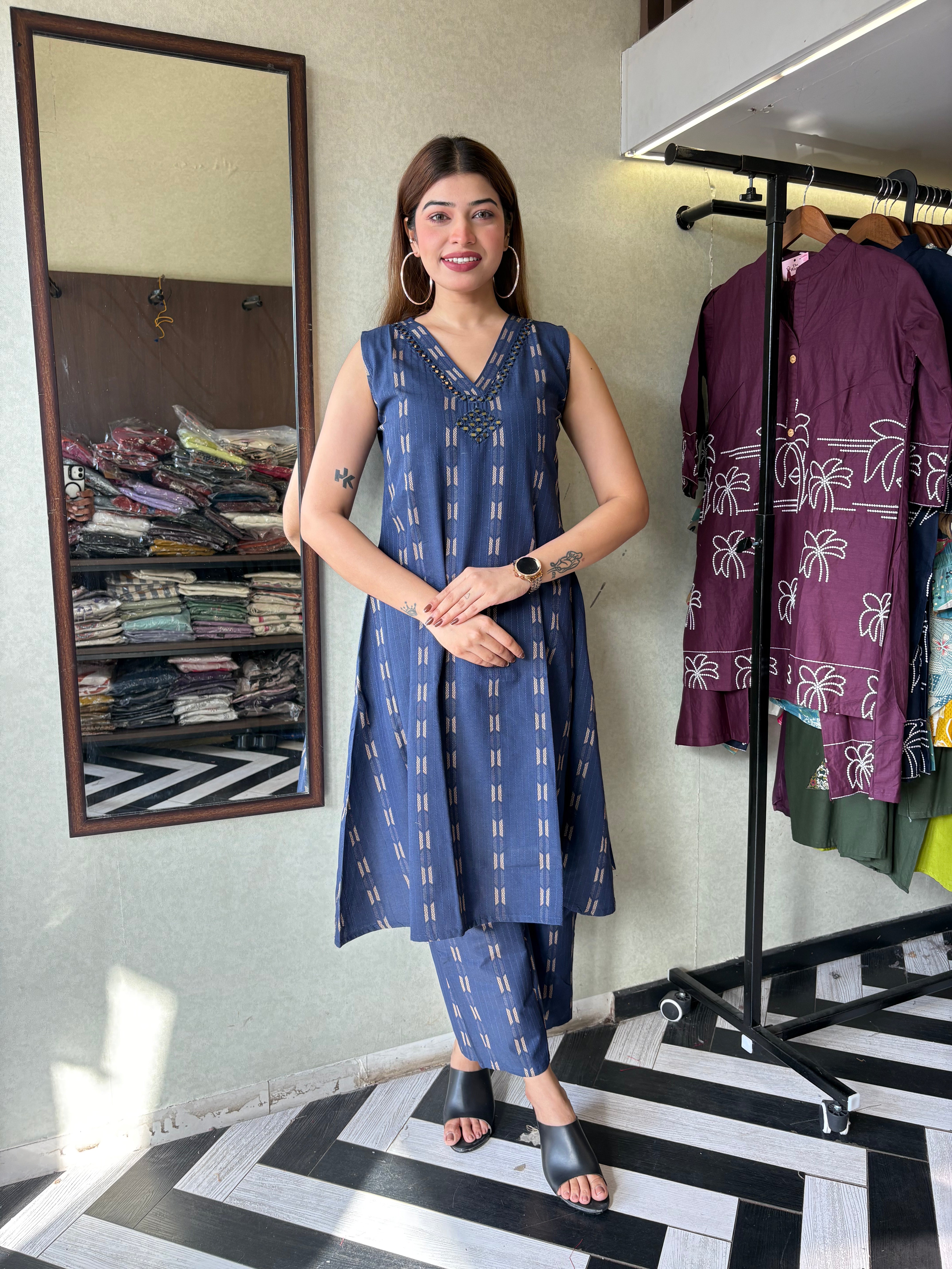 Image of Pure Cotton 2 Piece with V neck work