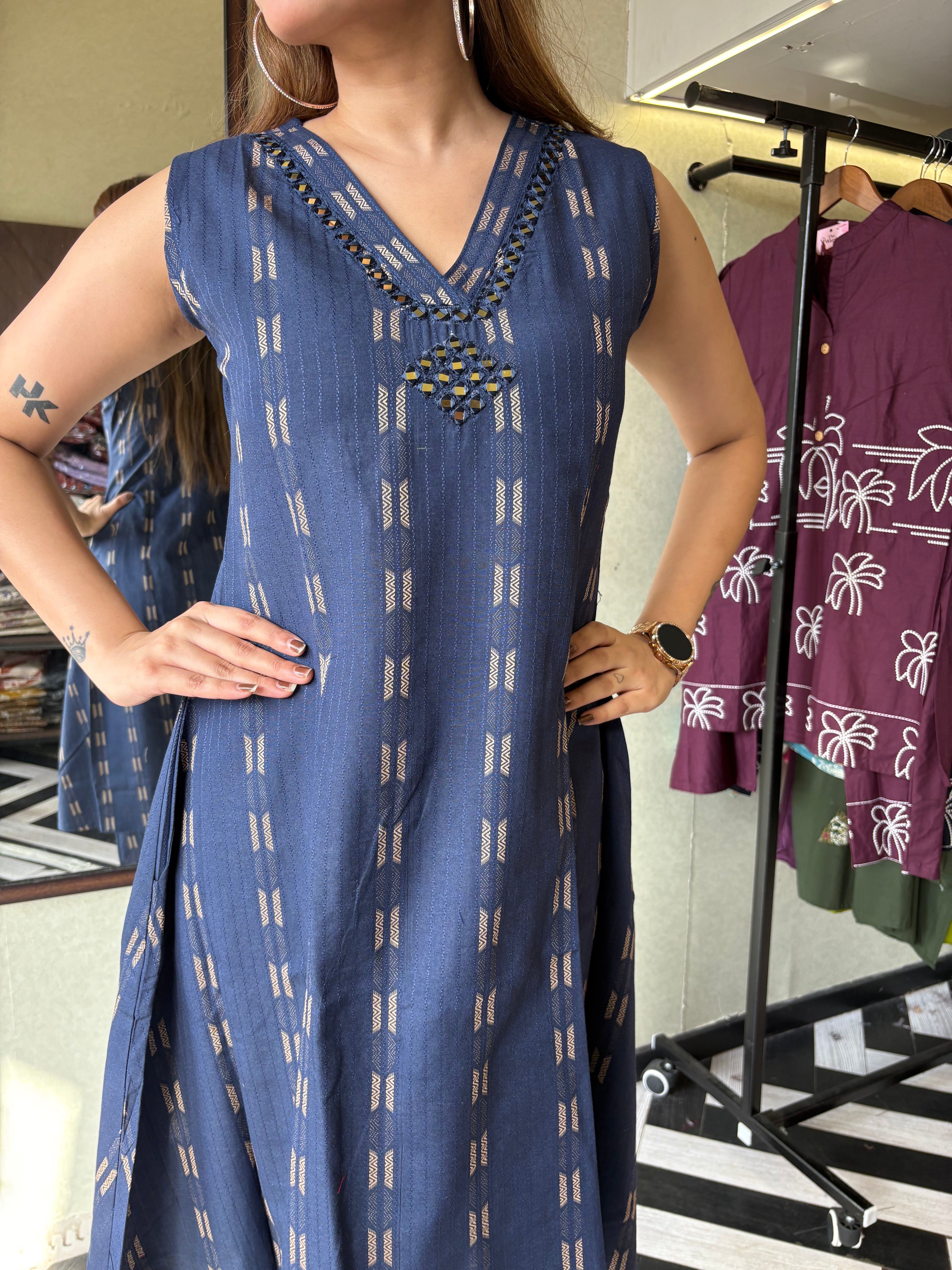 Image of Pure Cotton 2 Piece with V neck work