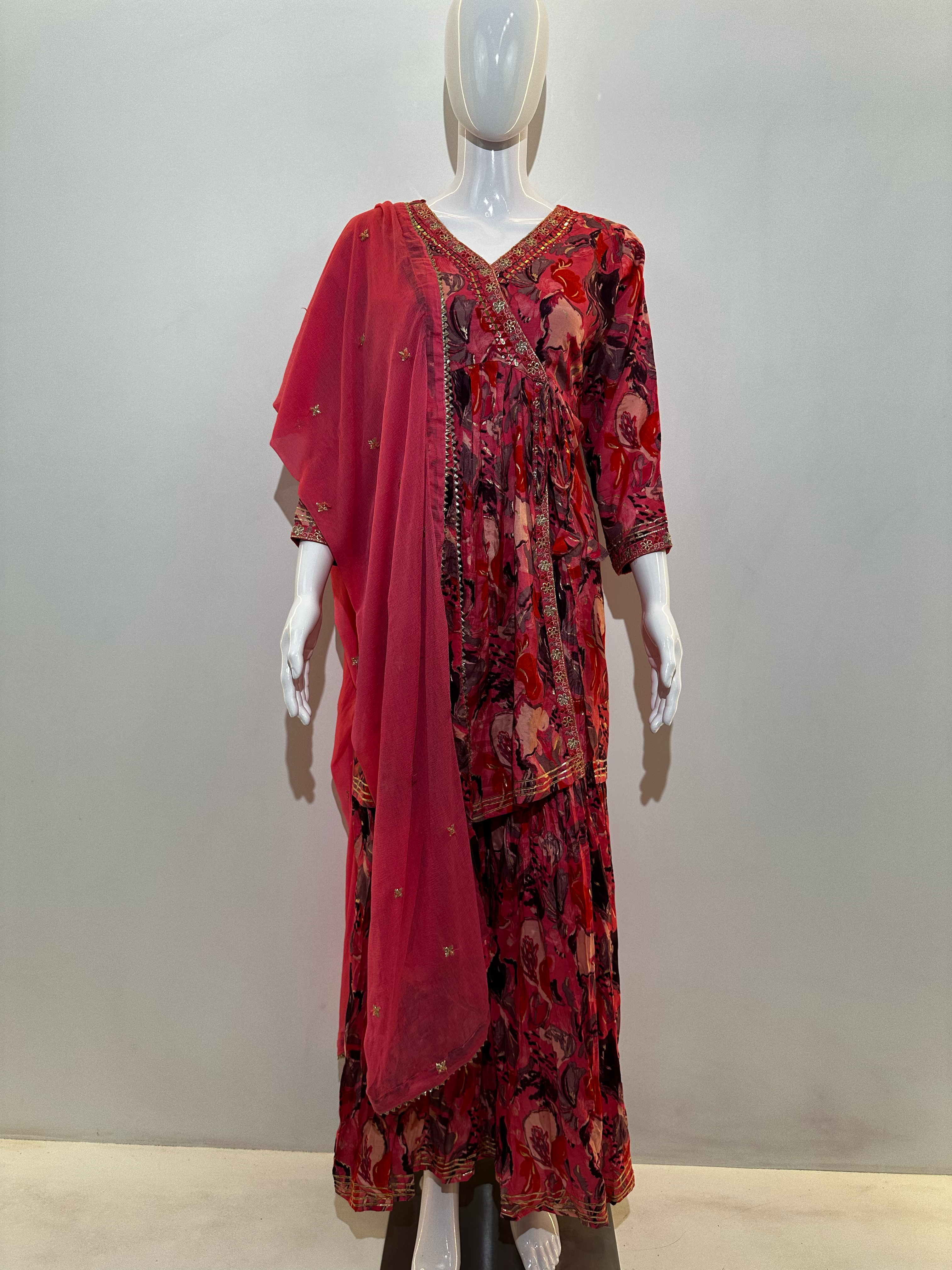 Mull Cotton Angrakha Style Plazzo Set - 3 Piece