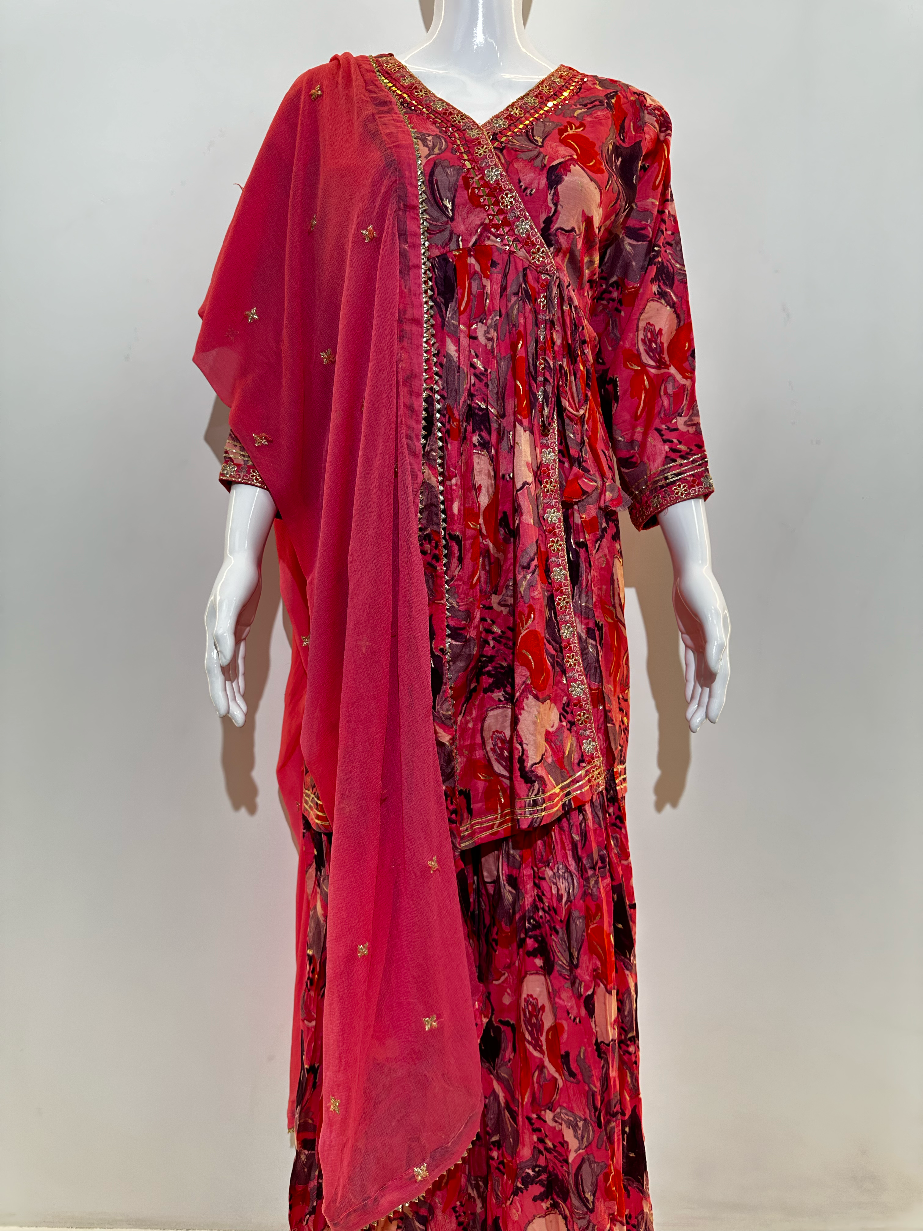 Image of Mull Cotton Angrakha Style Plazzo Set - 3 Piece