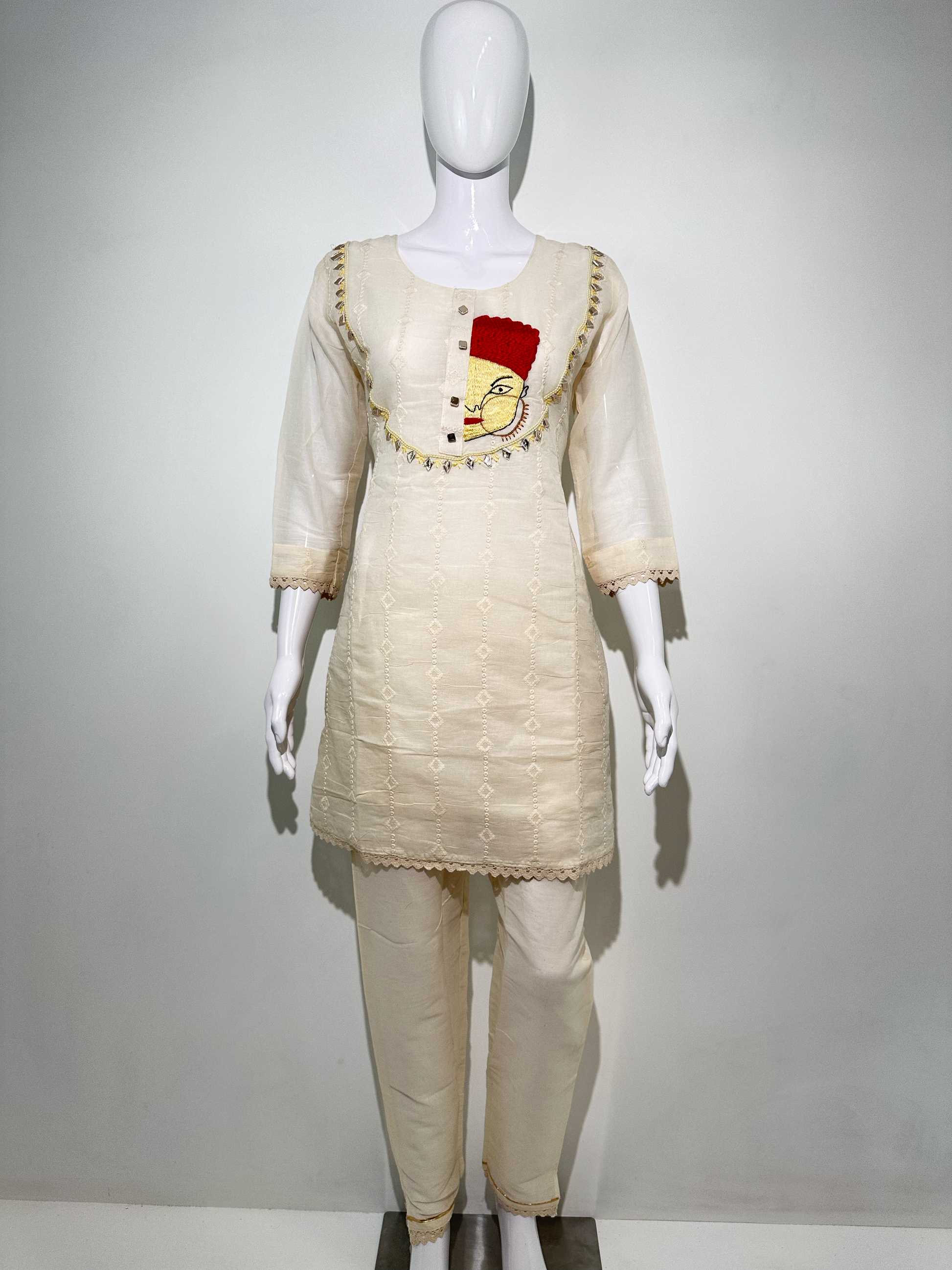 Cotton Linen Embroidery Kurti Set