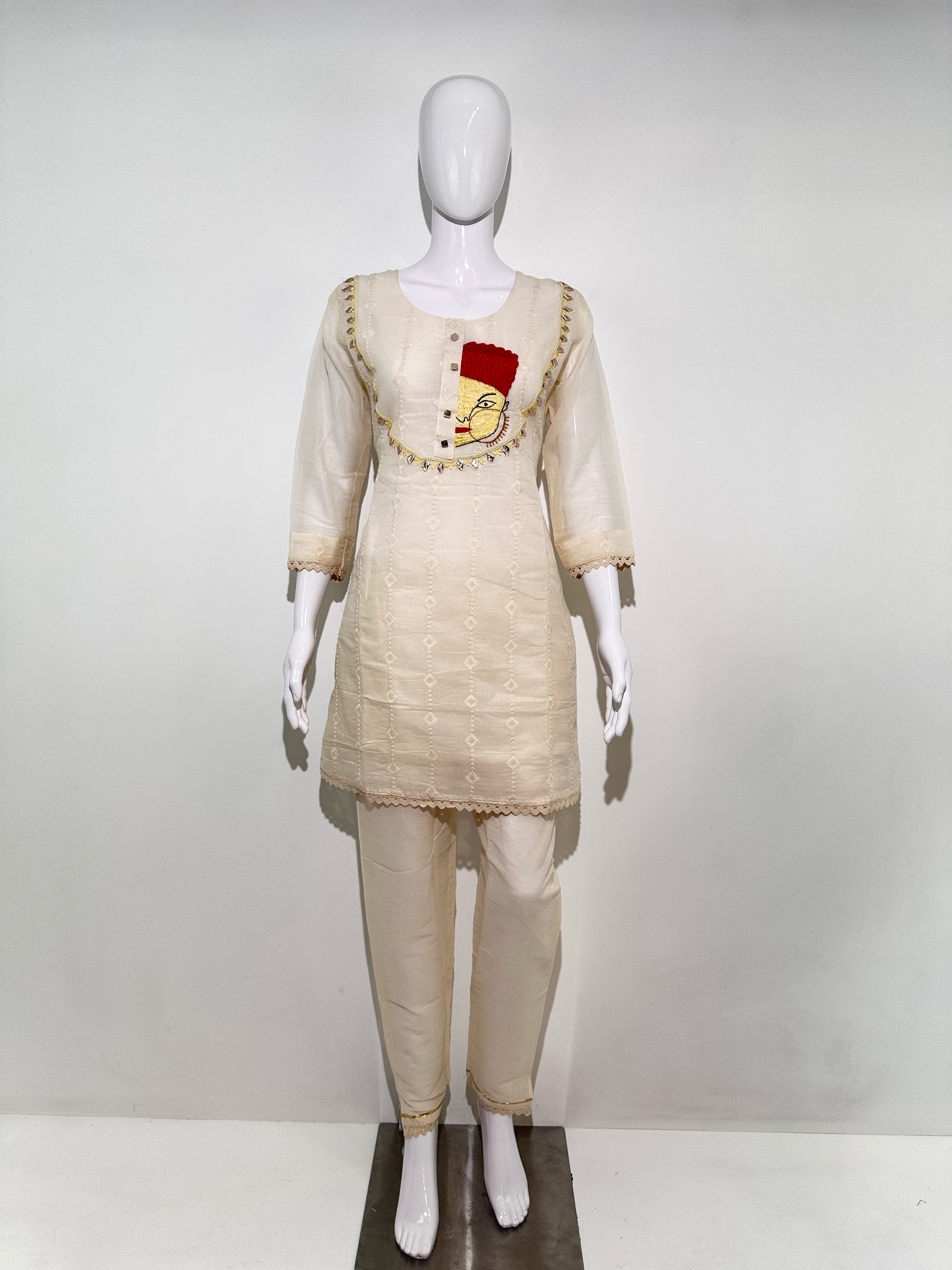 Image of Cotton Linen Embroidery Kurti Set