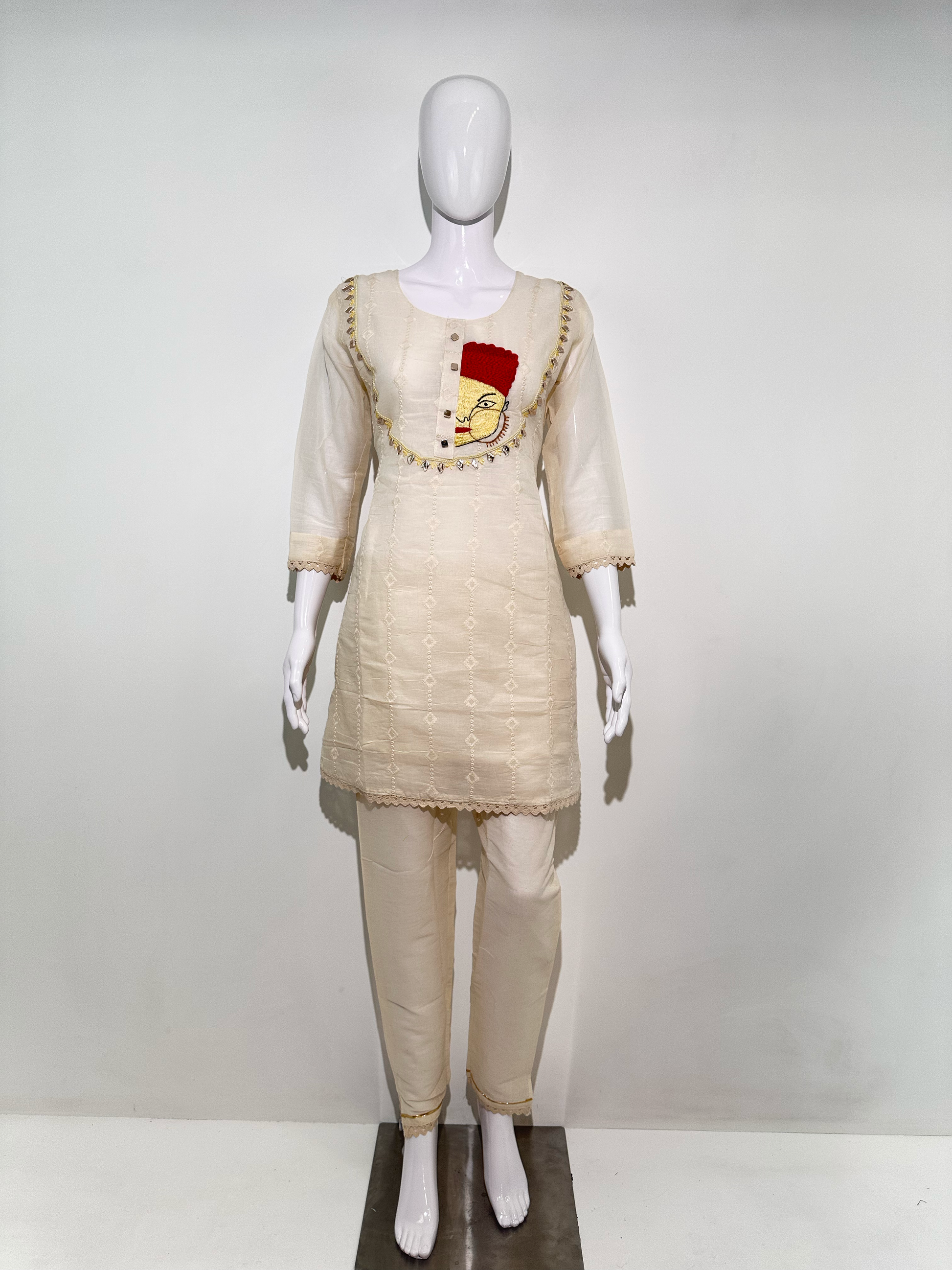 Cotton Linen Embroidery Kurti Set
