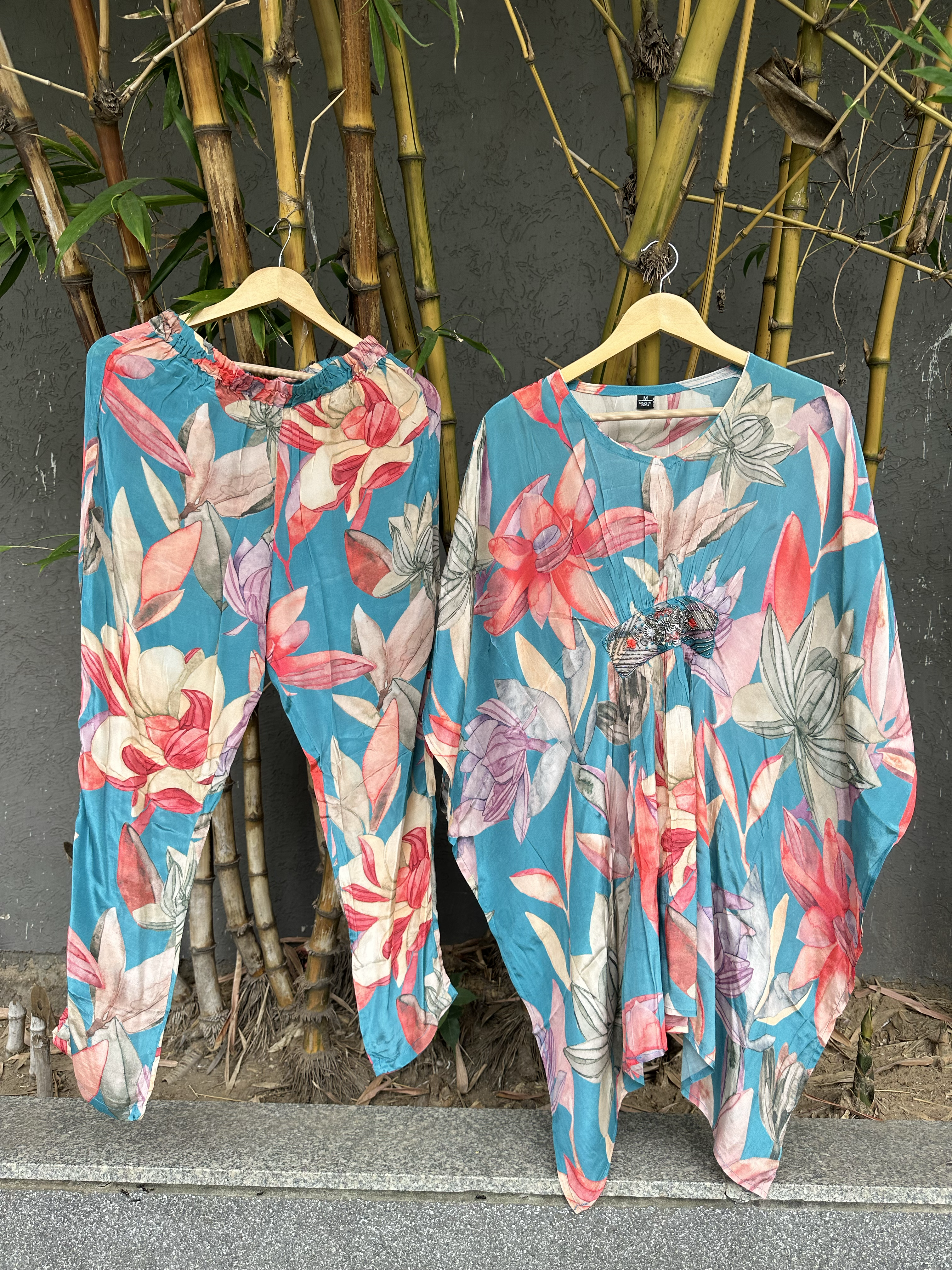 Image of Blue Muslin Kaftan Coords - Hand work