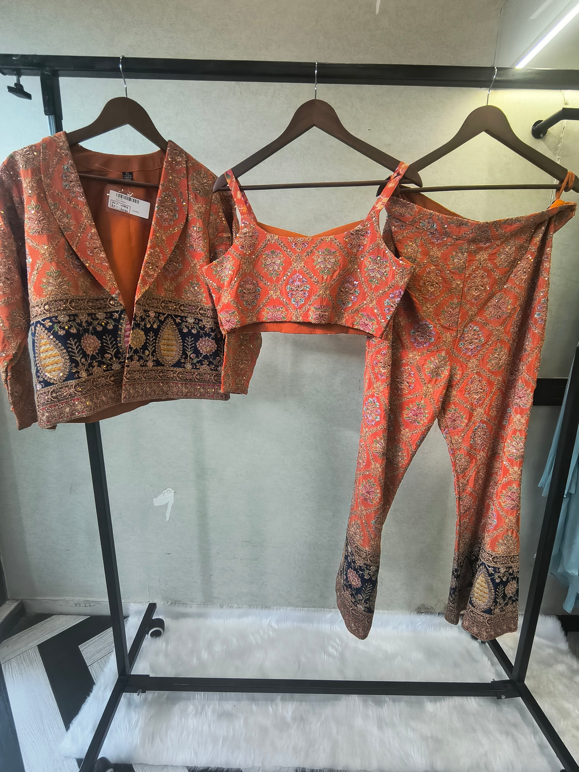 Luxury Coral Brocade Bralette with Embroidered Jacket & Designer Brocade Pants – 3 Piece Indo-Western Co-Ord Set
