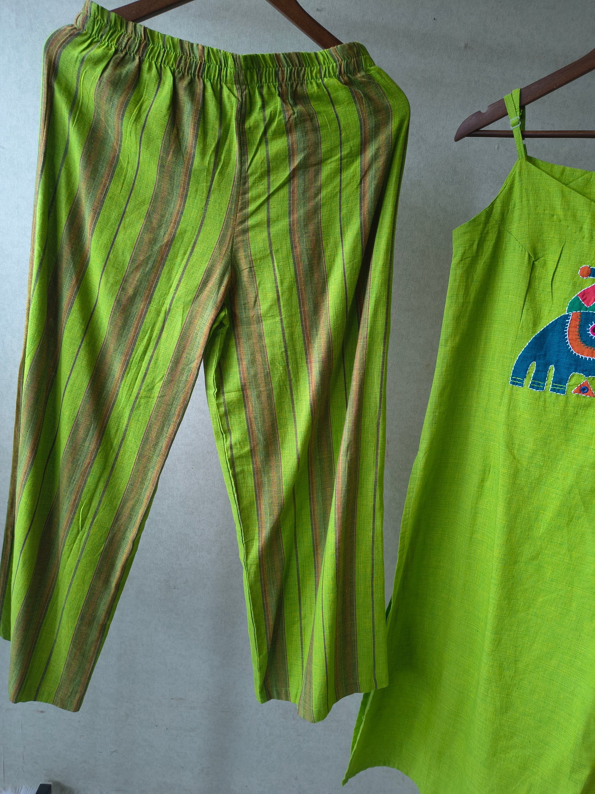 Lime Green Sleeveless Cotton Kurta Set with Tribal Elephant Appliqué & Striped Straight Pants