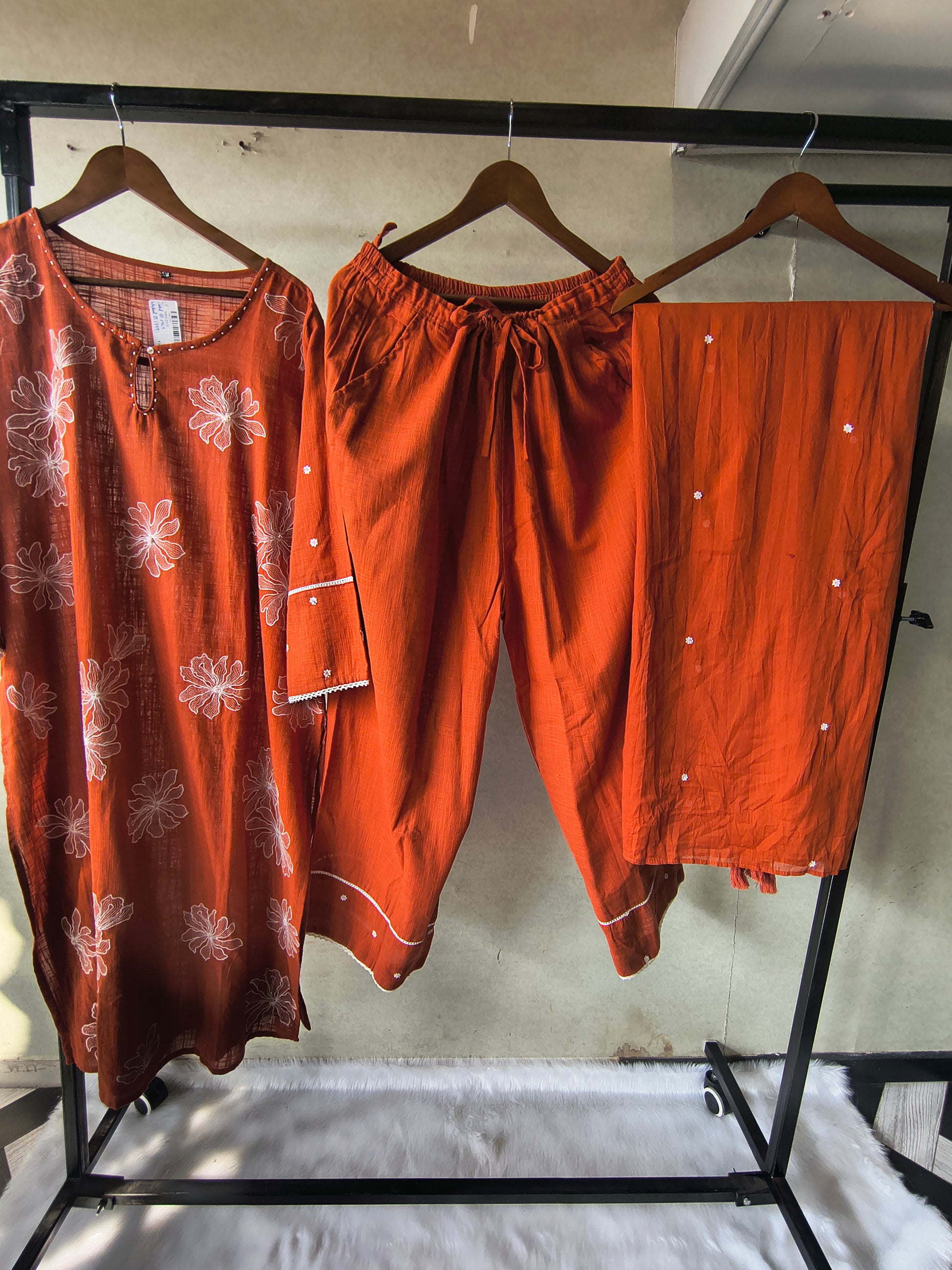 Rust Orange Floral Printed Cotton Kurta Set with Solid Pants & Embroidered Dupatta