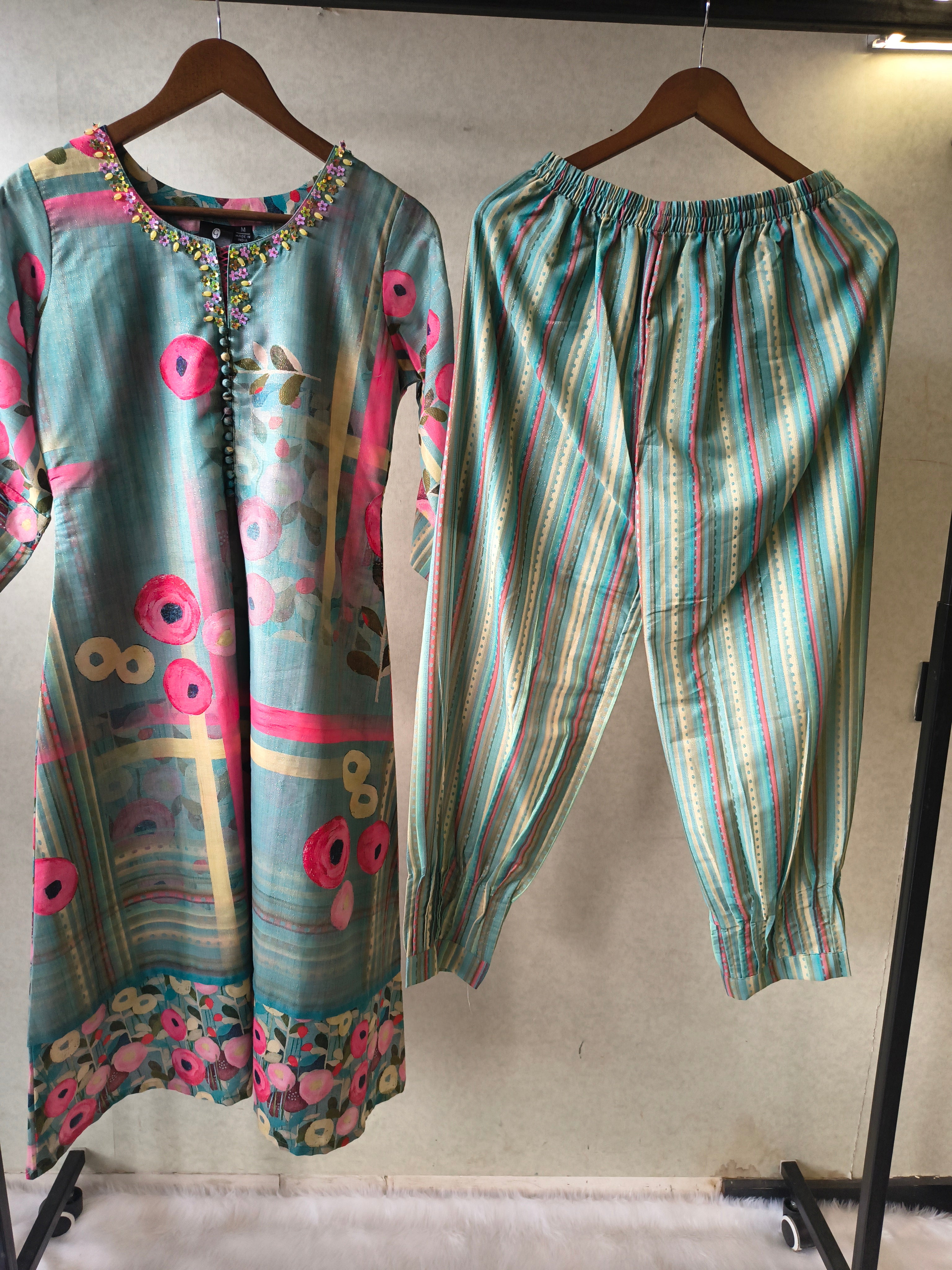 Image of Premium Aqua Blue Artistic Printed Kurta with Striped Pants Co-Ord Set