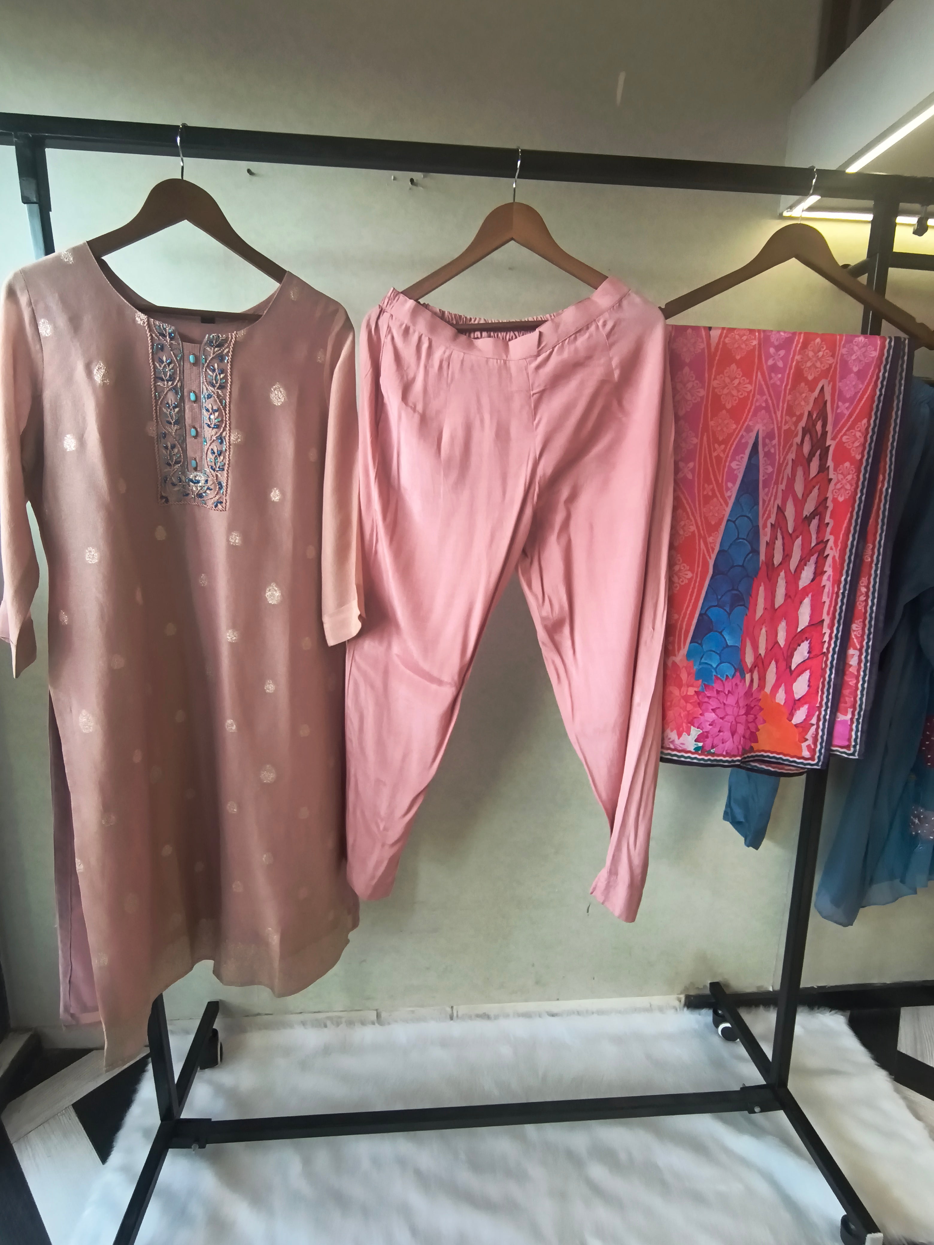 Image of Premium Blush Pink Embroidered Straight Kurta with Cigarette Pants & Designer Printed Dupatta Set