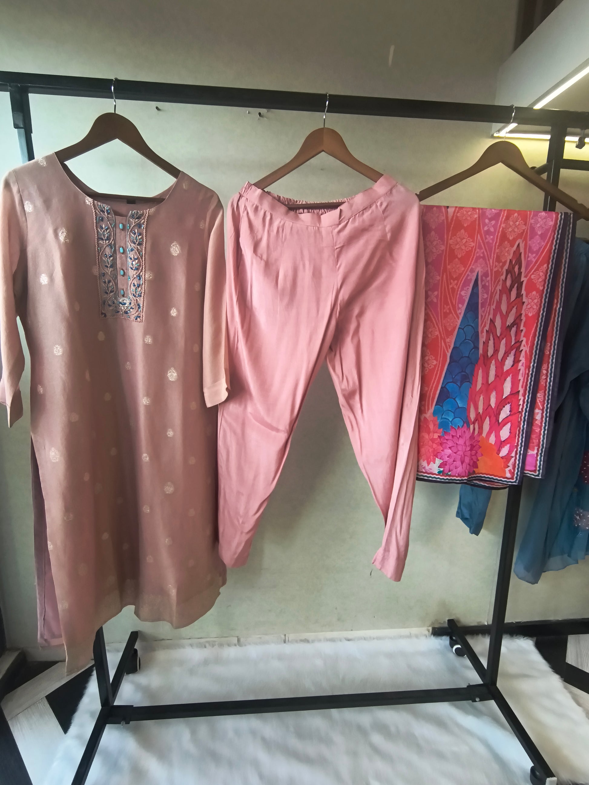 Premium Blush Pink Embroidered Straight Kurta with Cigarette Pants & Designer Printed Dupatta Set