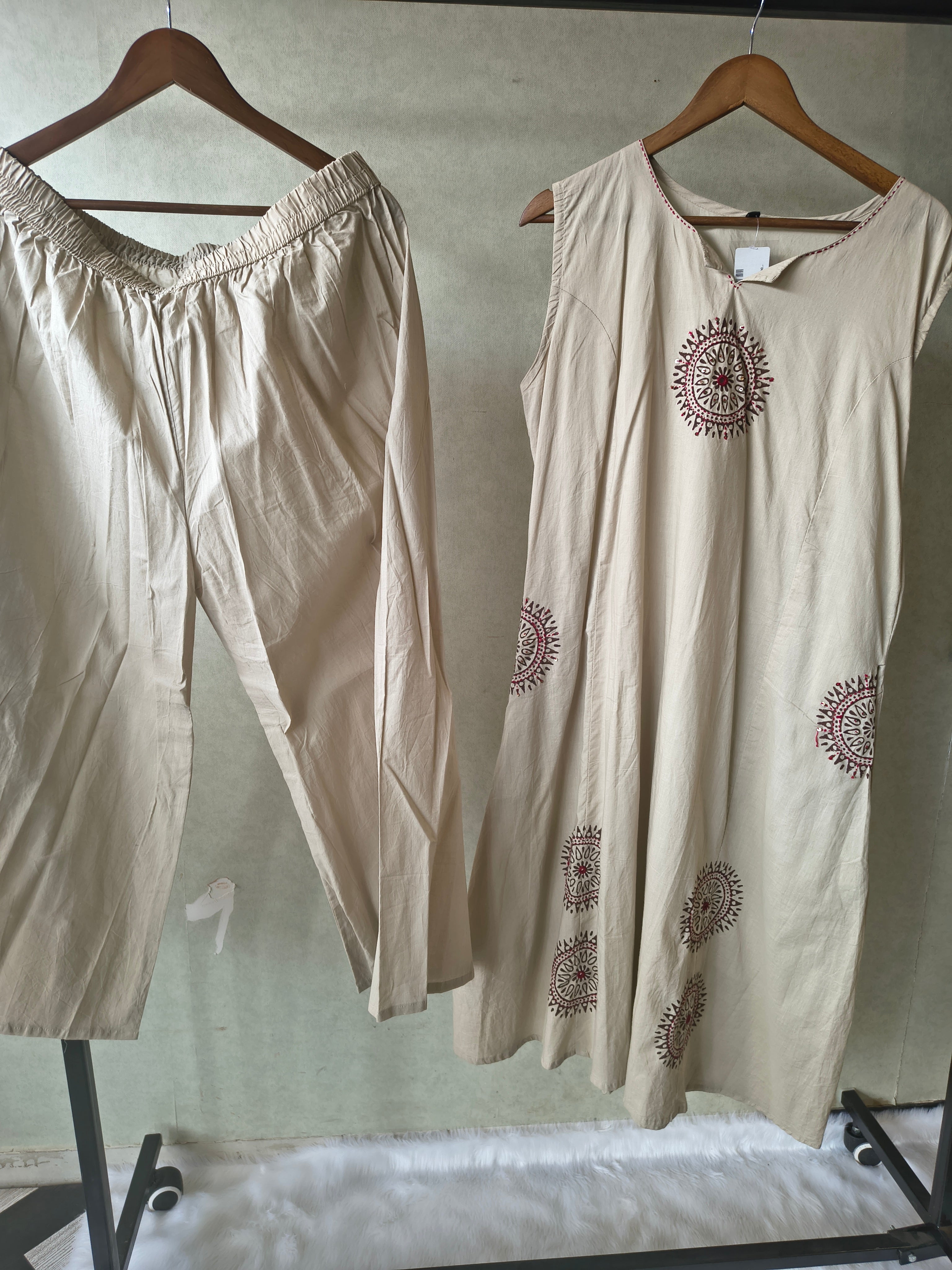 Image of Premium Beige Hand Block Motif A-Line Kurta Set with Straight Pants
