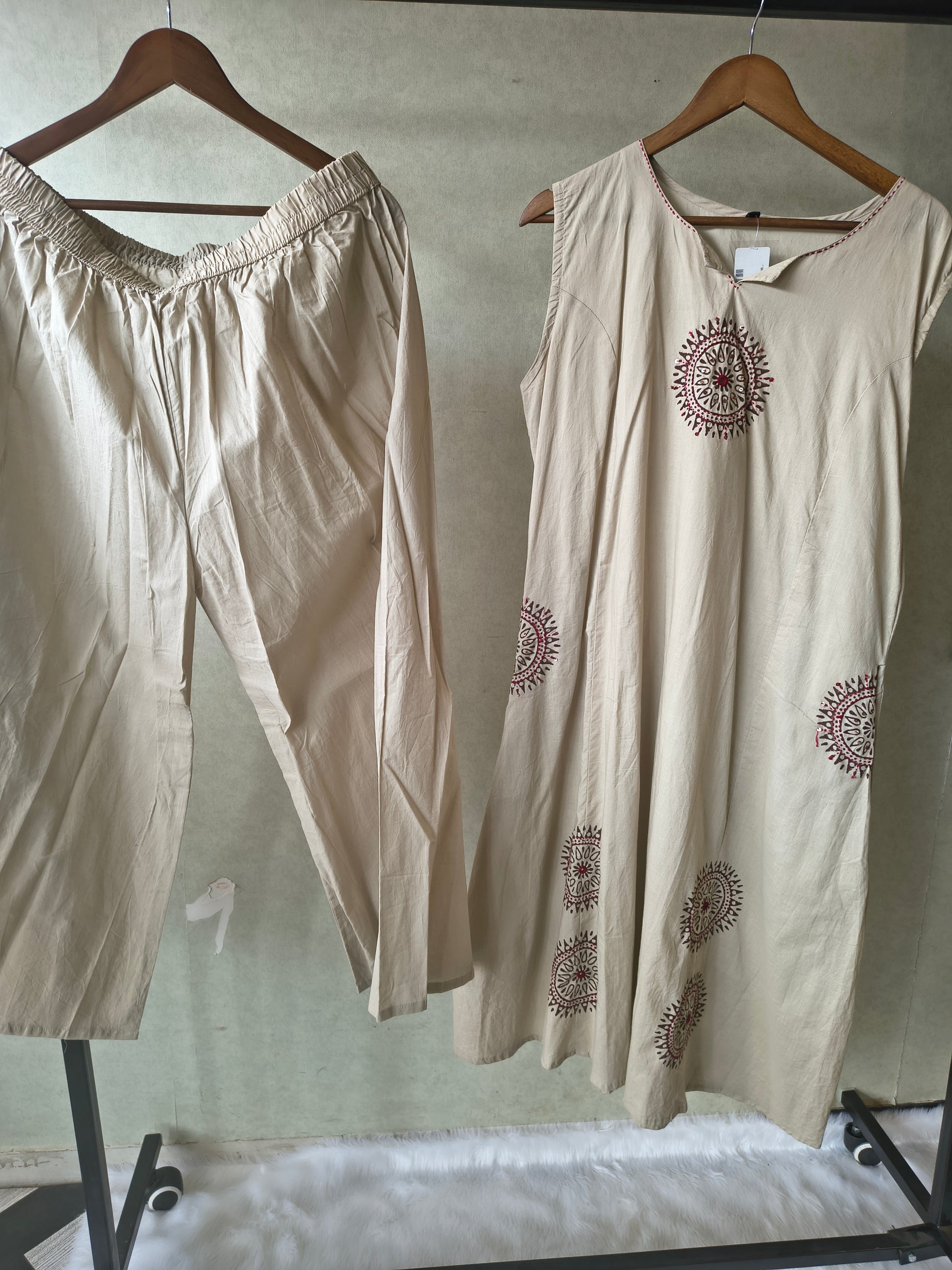 Premium Beige Hand Block Motif A-Line Kurta Set with Straight Pants