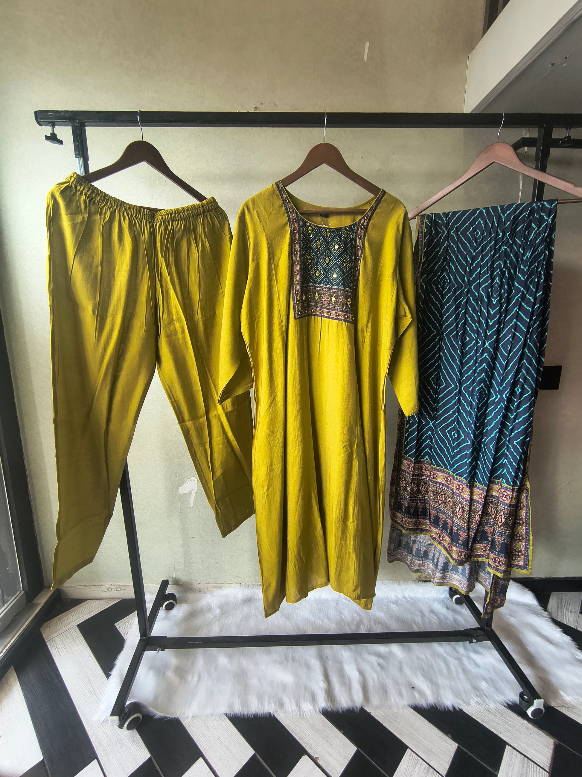 Premium Olive Green Straight Kurta Set with Designer Woven Yoke, Solid Pants & Geometric Printed Dupatta