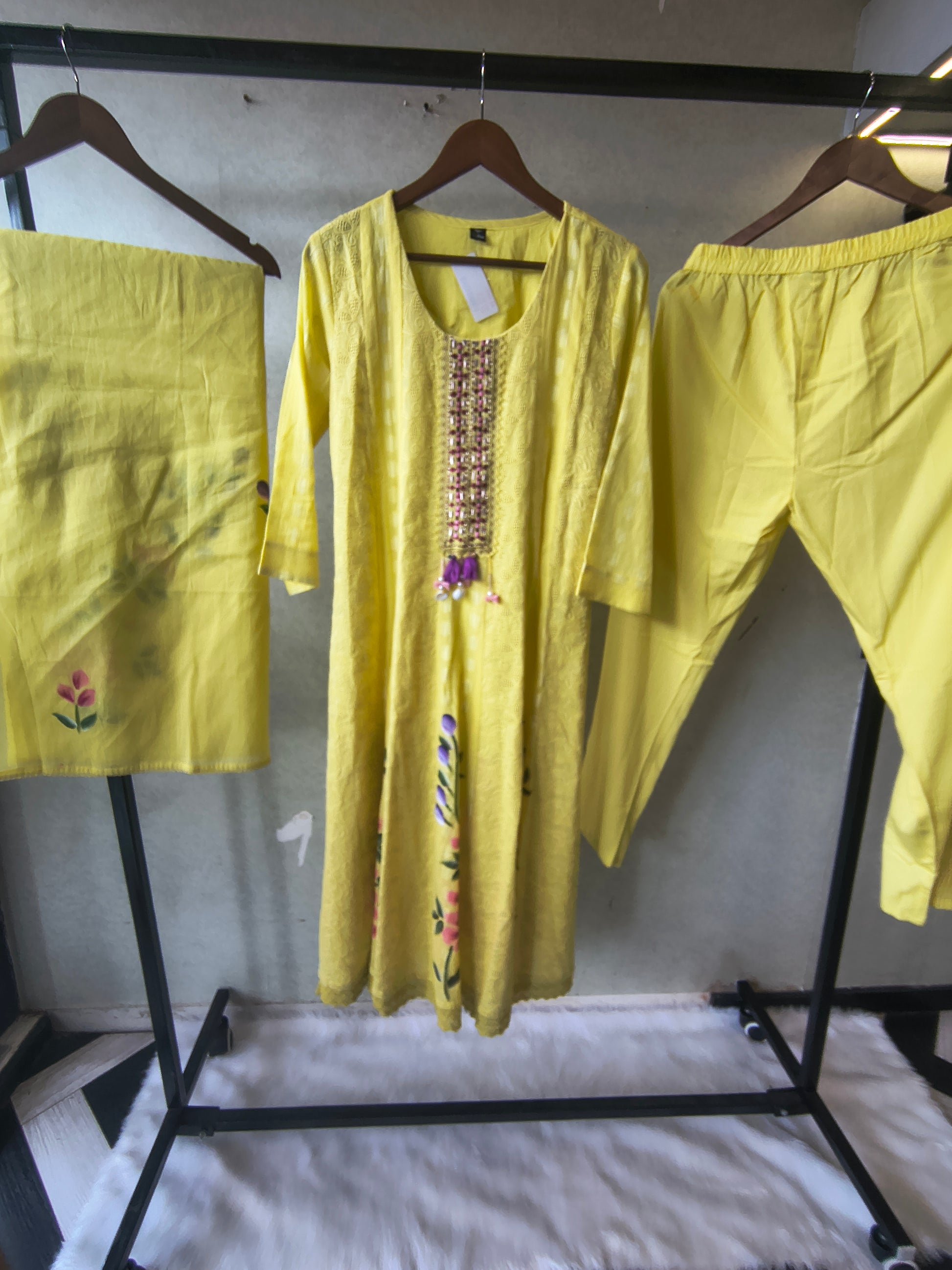 Premium Sunshine Yellow Schiffli Embroidered Kurta Set with Floral Handwork & Dupatta