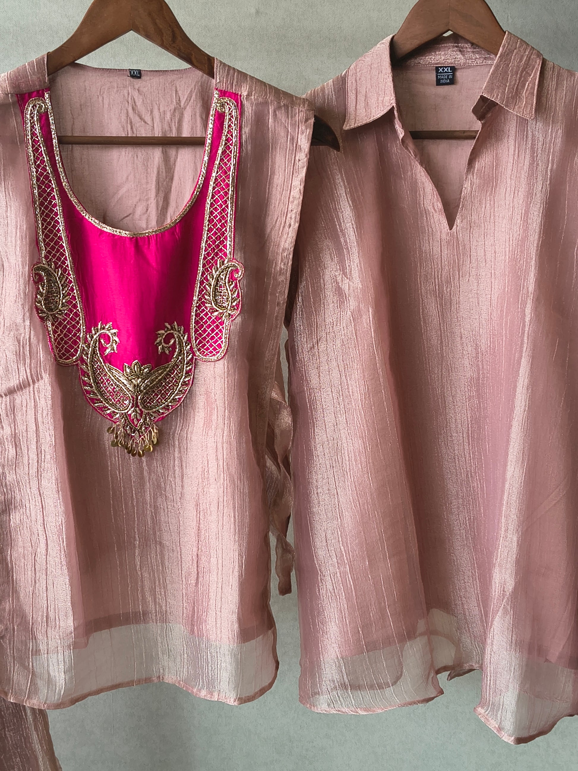 Premium Rose Gold Tissue Silk 3-Piece Co-Ord Set with Hand Embellished Jacket, Inner & Palazzo