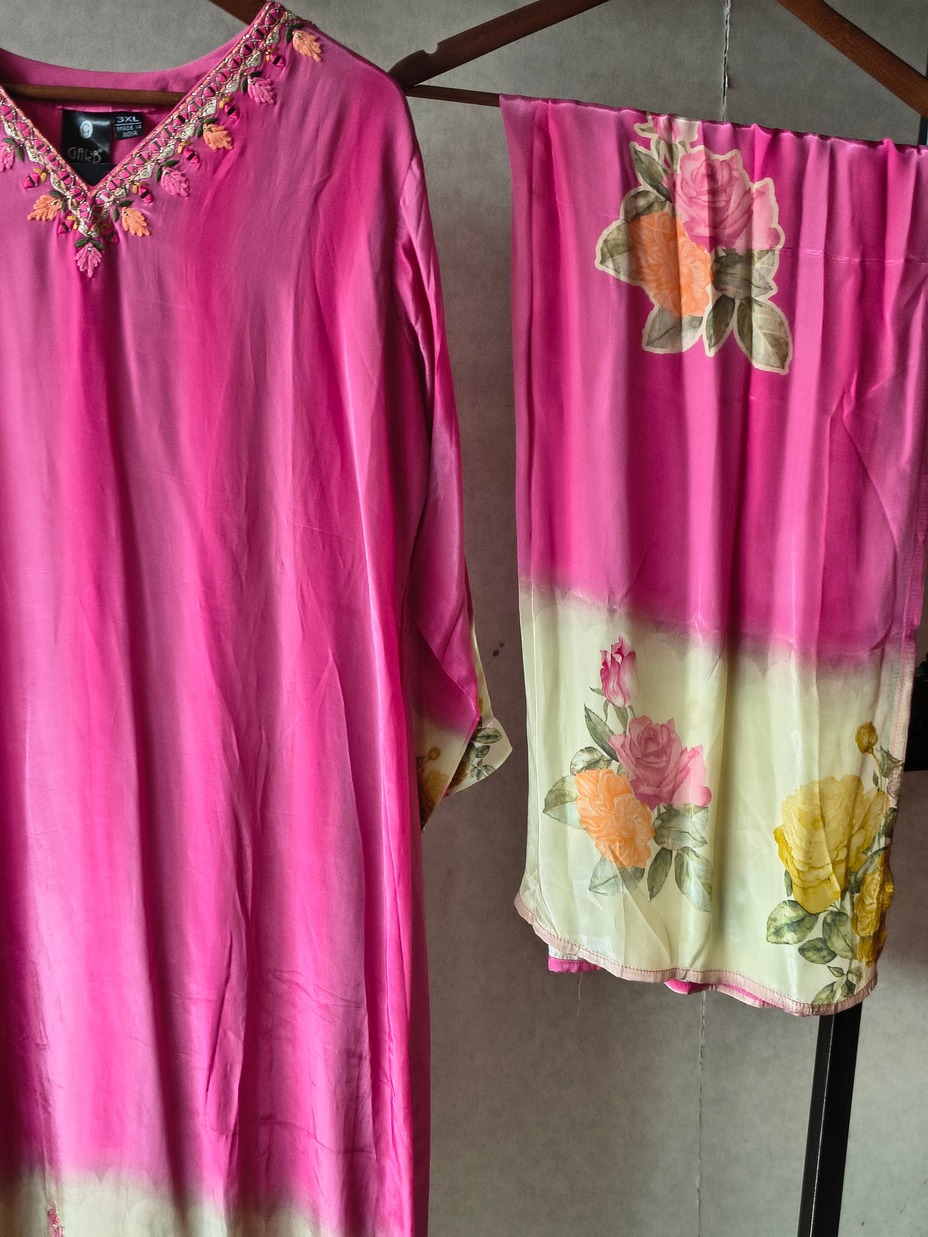 Image of Premium Fuchsia Pink Floral Embroidered Kurta Set with Printed Dupatta