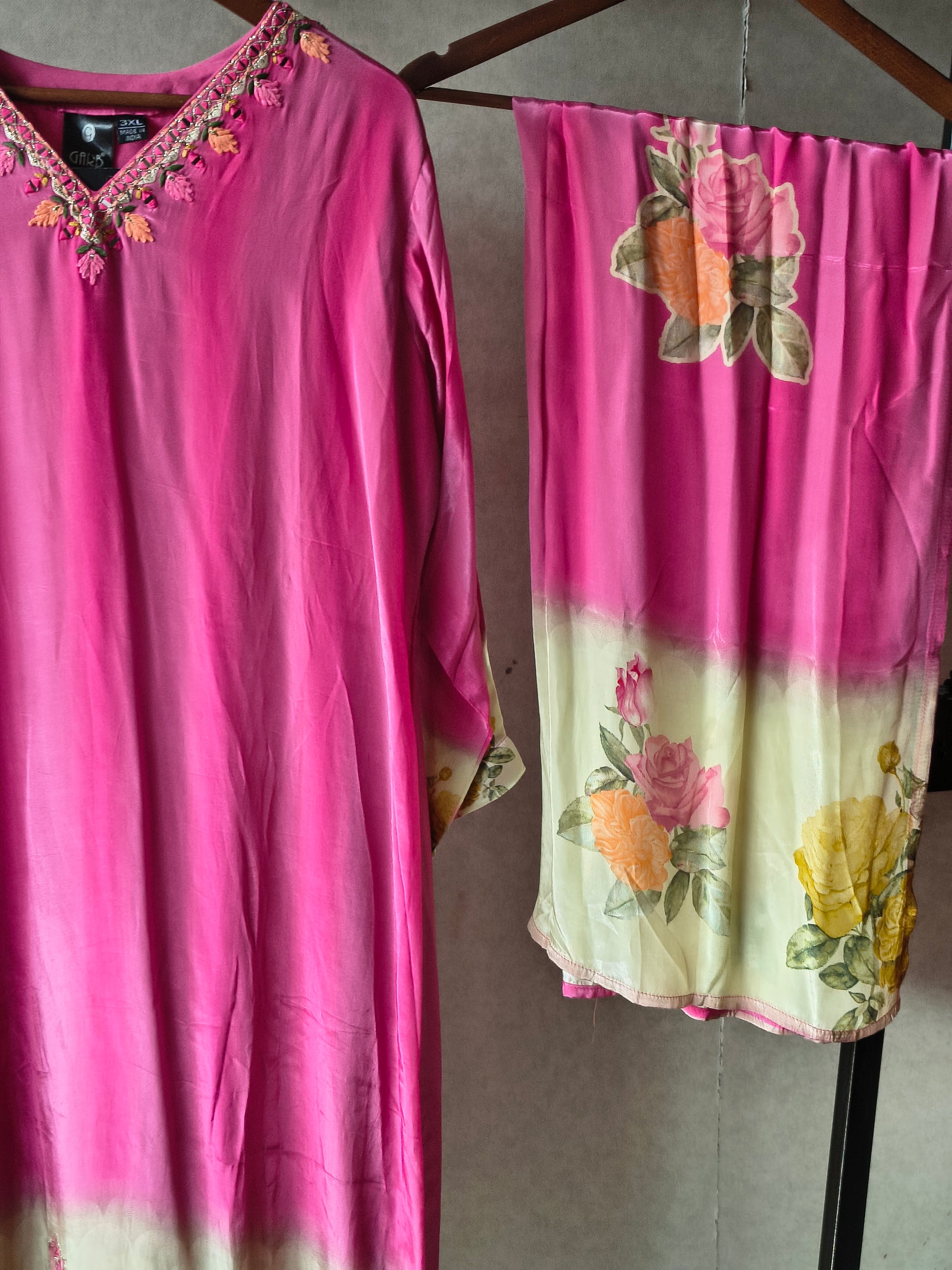 Premium Fuchsia Pink Floral Embroidered Kurta Set with Printed Dupatta