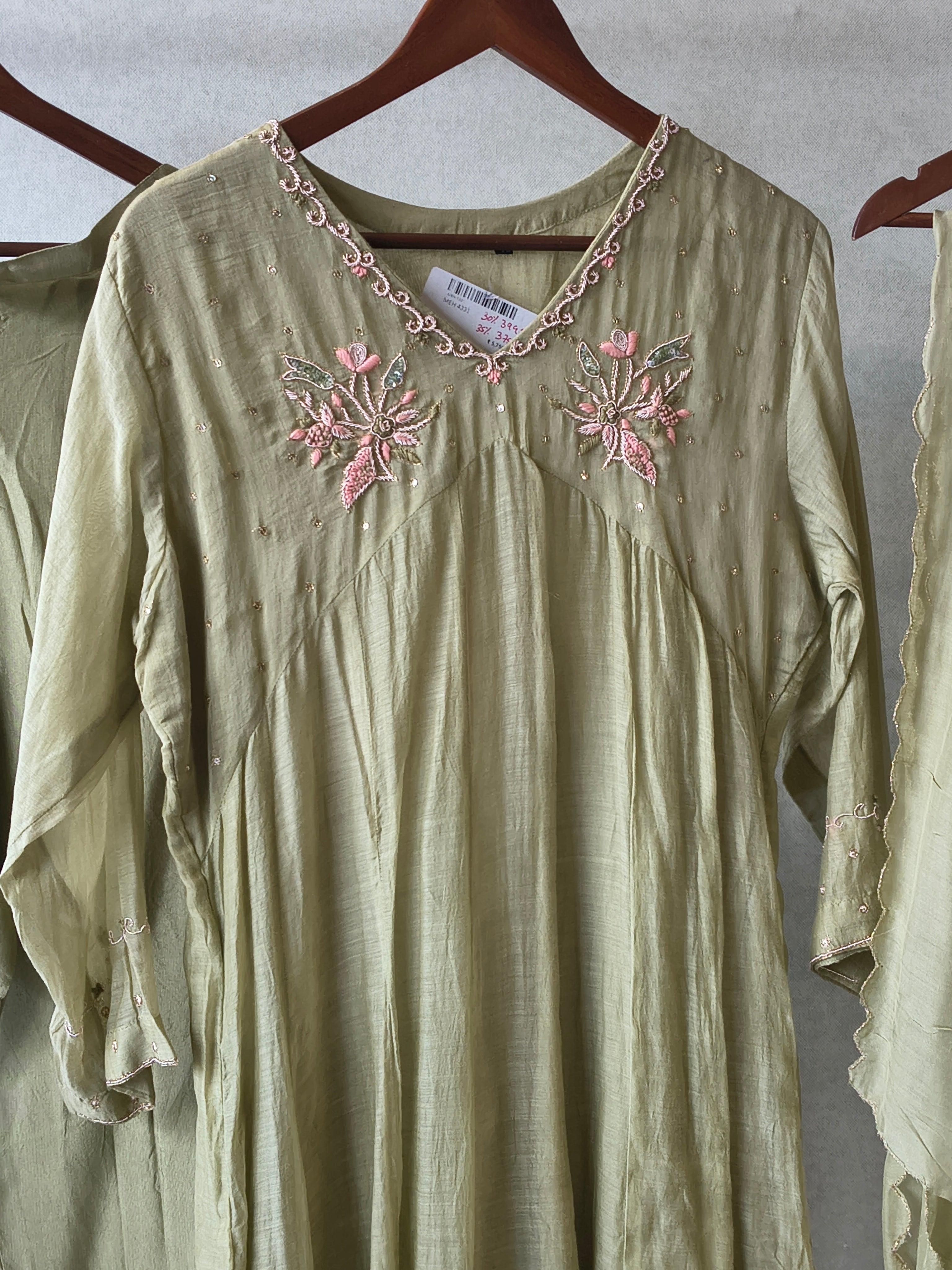 Image of Premium Olive Green Embroidered A-Line Kurta Set with Dupatta