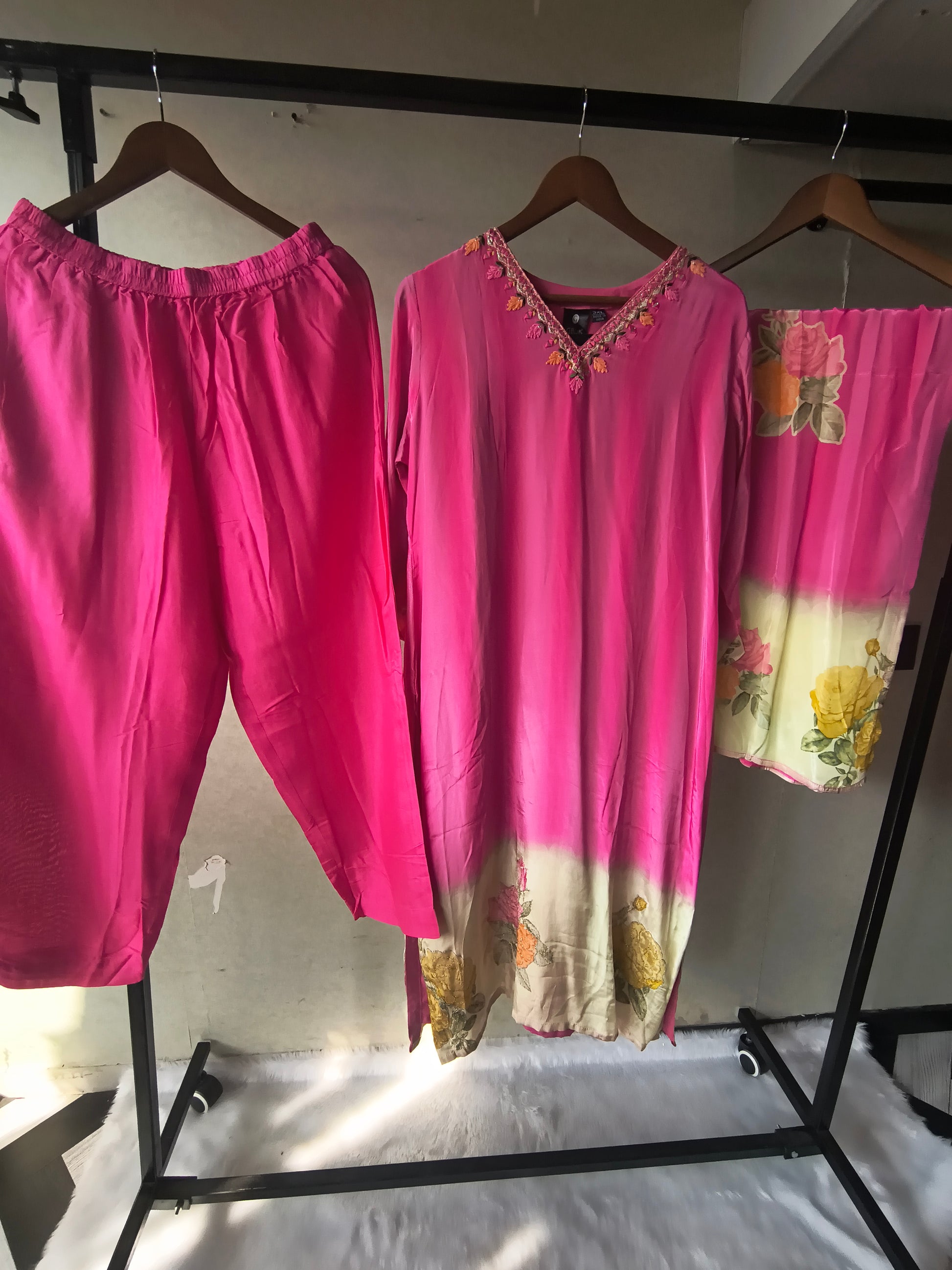 Premium Fuchsia Pink Floral Embroidered Kurta Set with Printed Dupatta