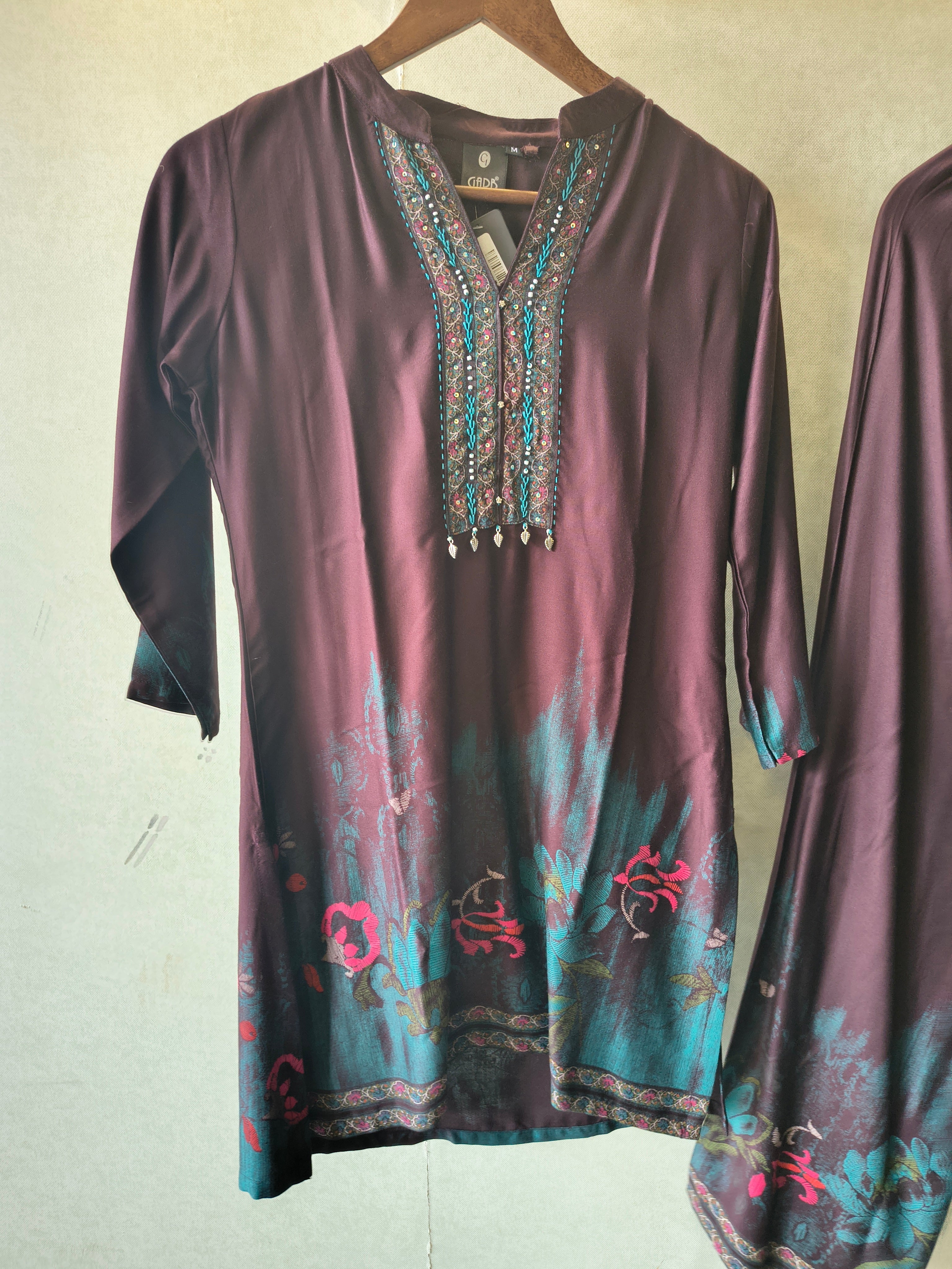 Image of Wine Embellished Premium Silk Co-Ord Set