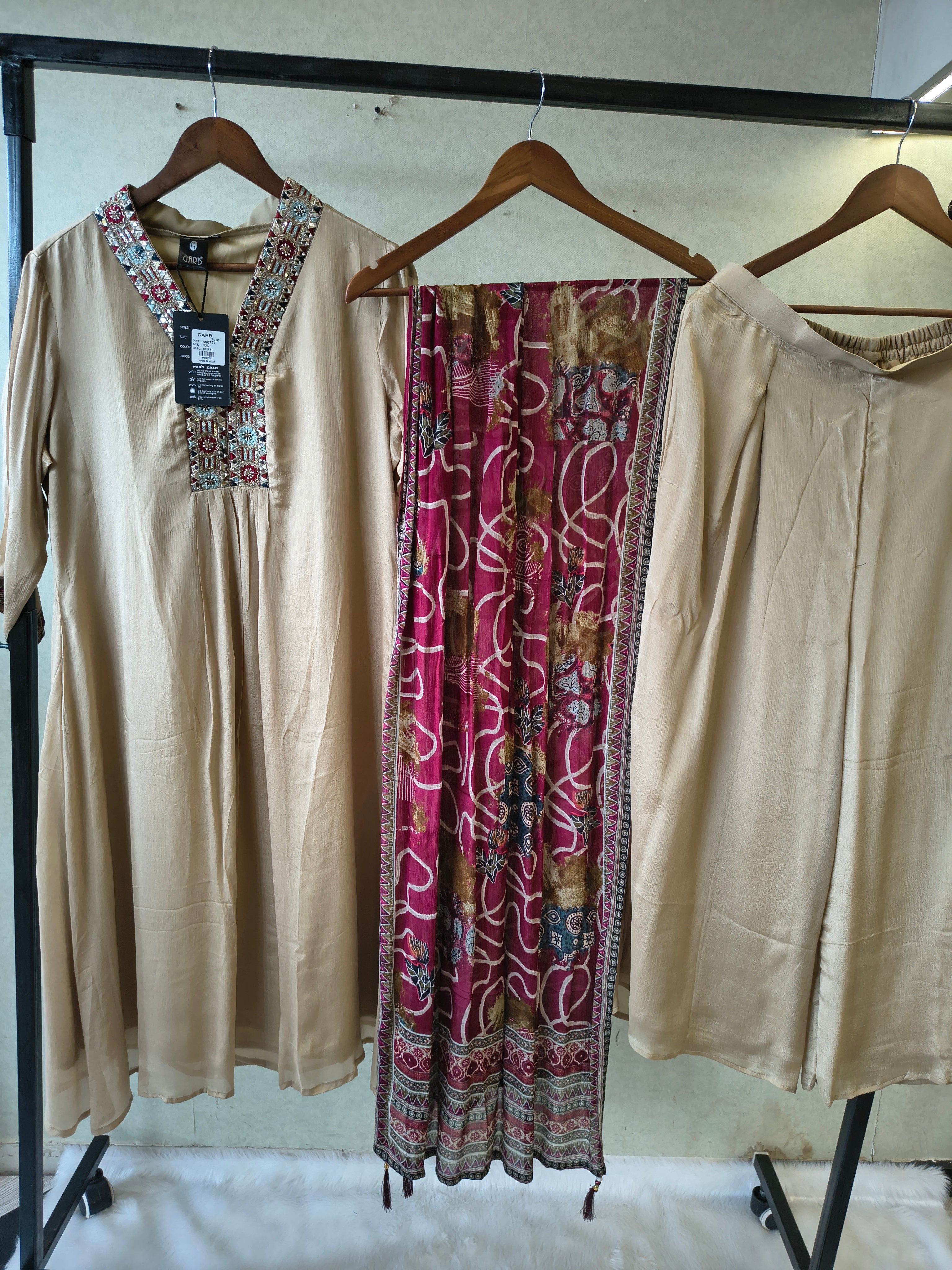 Image of Ivory Beige Embroidered Designer Kurta Set with Printed Dupatta | Premium 3 Piece Ethnic Suit