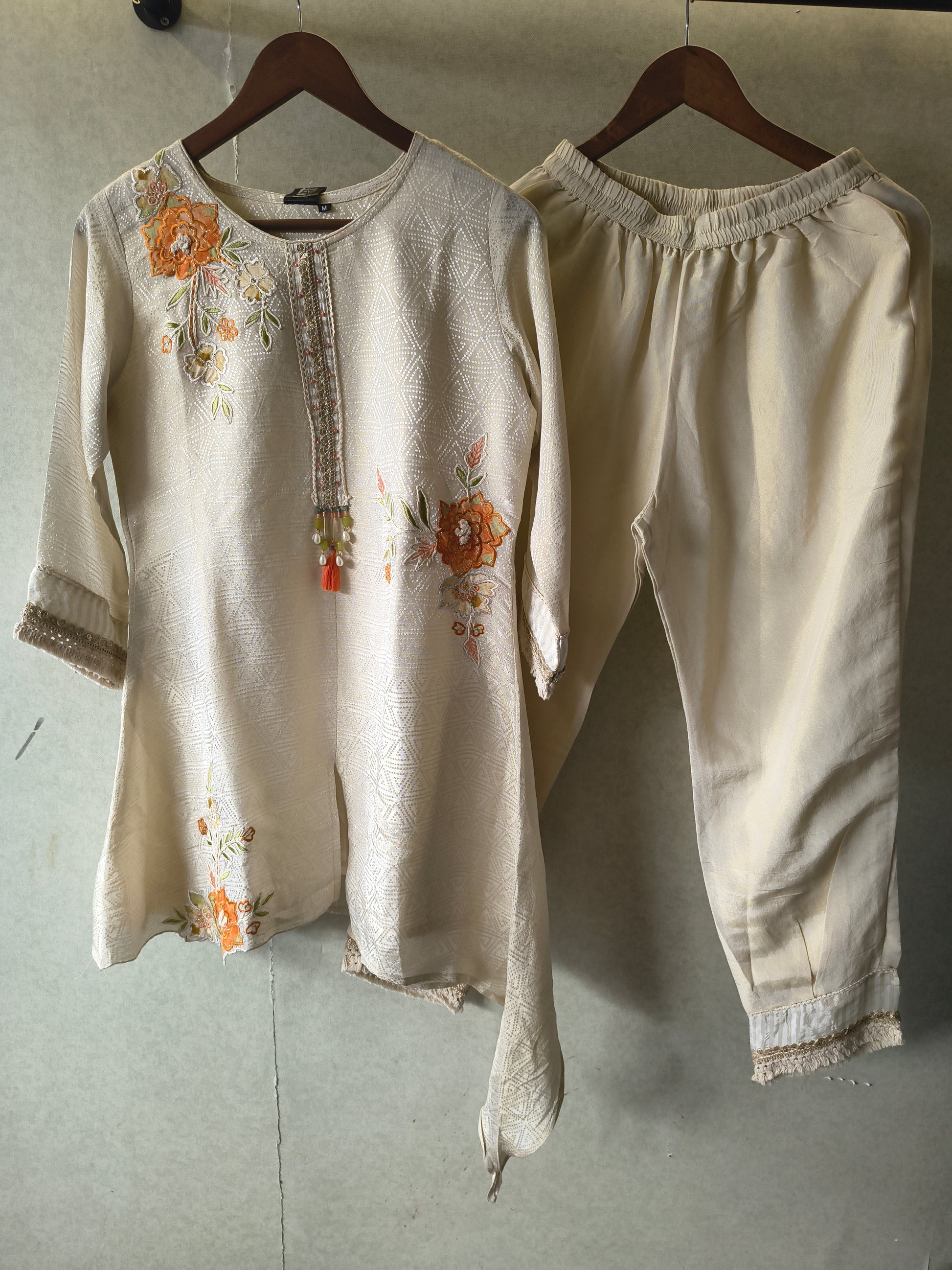 Ivory Floral Embroidered Premium Asymmetrical Kurta Pant Co-Ord Set