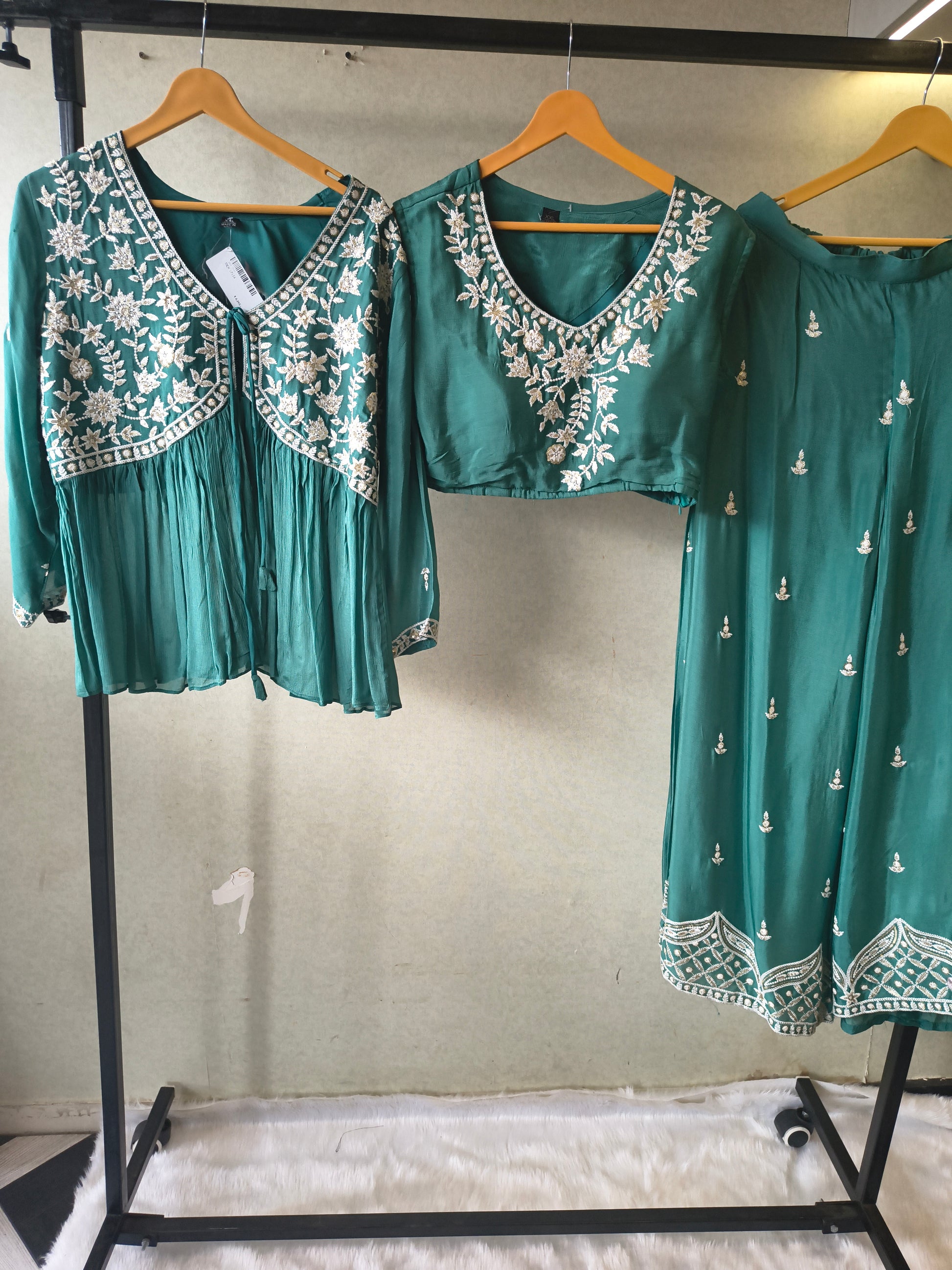 Emerald Green Embroidered Peplum Jacket with Blouse & Flared Palazzo – Designer 3 Piece Indo-Western Set