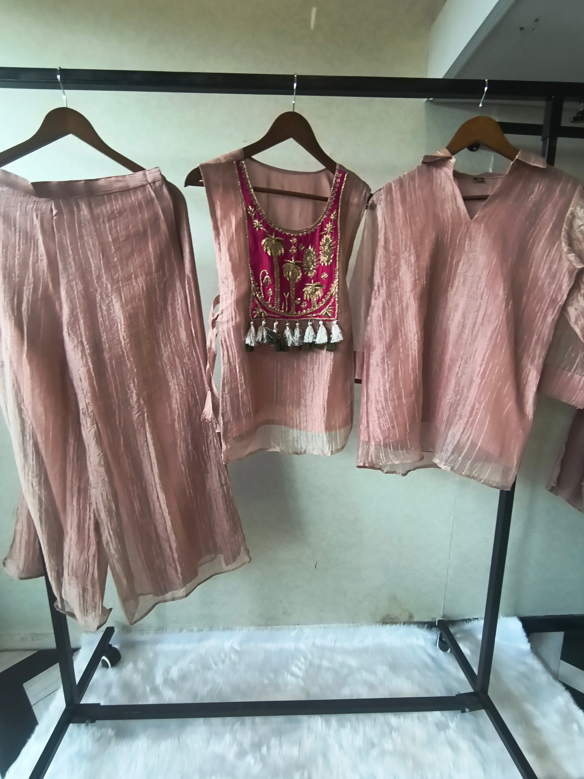 Premium Rose Gold Tissue Silk 3-Piece Co-Ord Set with Hand Embellished Jacket, Inner & Palazzo
