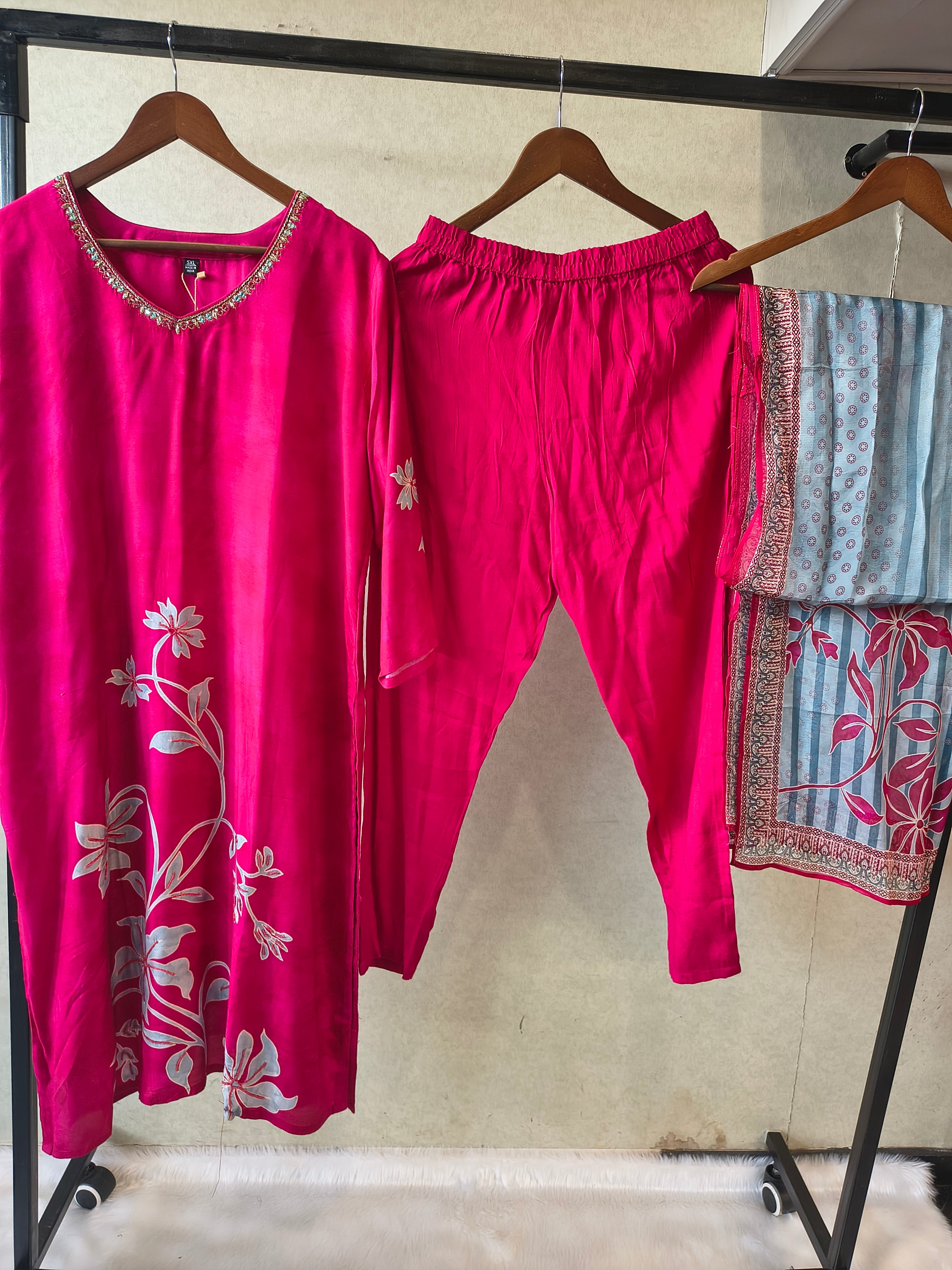 Image of Premium Fuchsia Floral Printed Kurta Set with Embellished Neckline & Contrast Dupatta