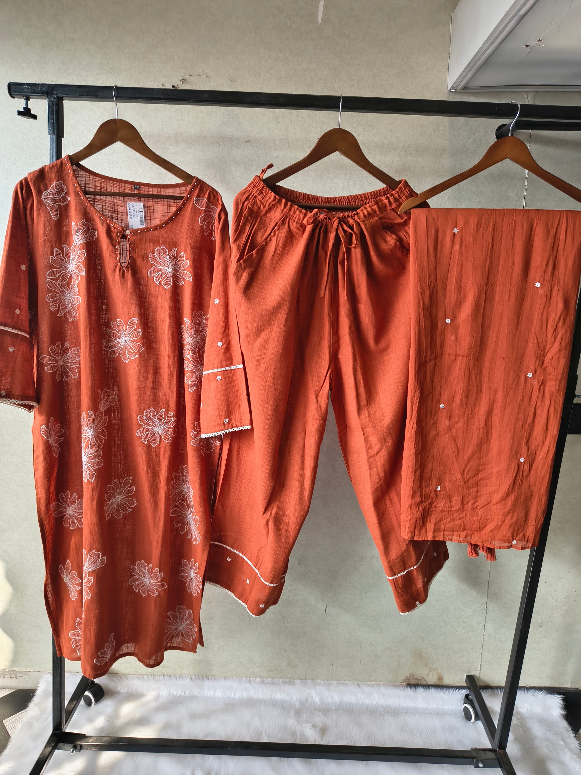 Rust Orange Floral Printed Cotton Kurta Set with Solid Pants & Embroidered Dupatta