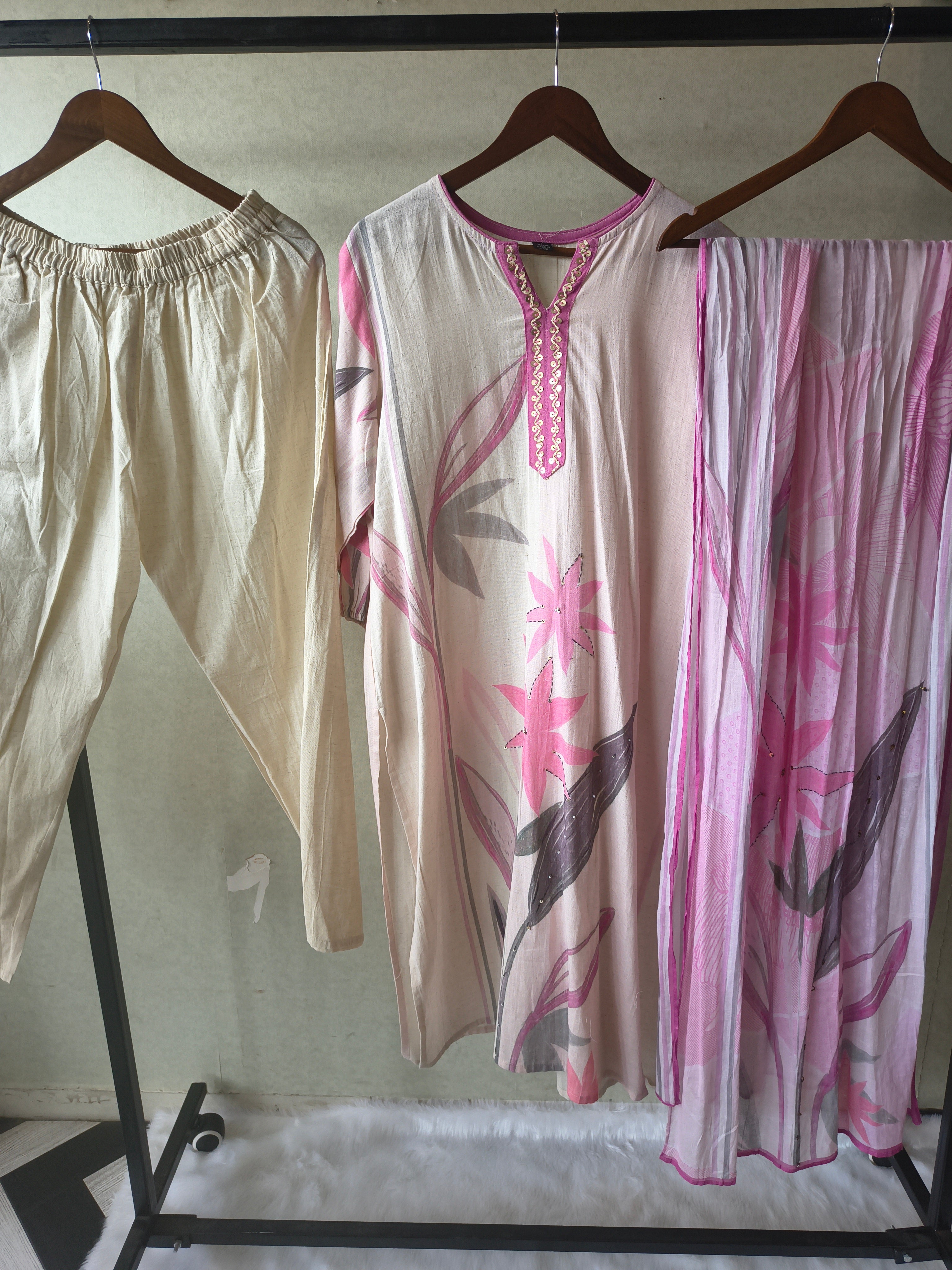 Image of Premium Blush Pink Floral Printed Straight Kurta Set with Churidar Pants & Soft Printed Dupatta