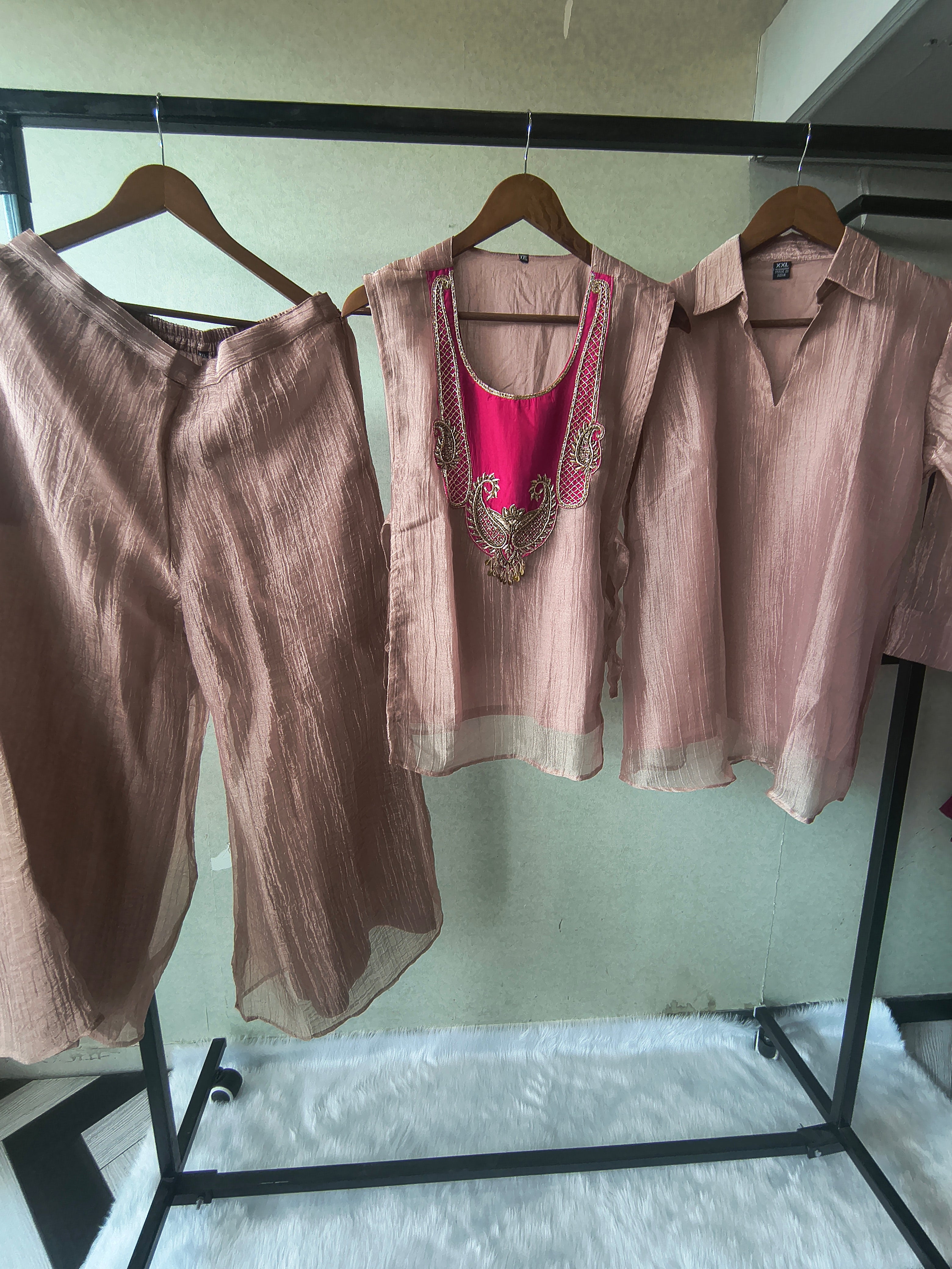 Image of Premium Rose Gold Tissue Silk 3-Piece Co-Ord Set with Hand Embellished Jacket, Inner & Palazzo