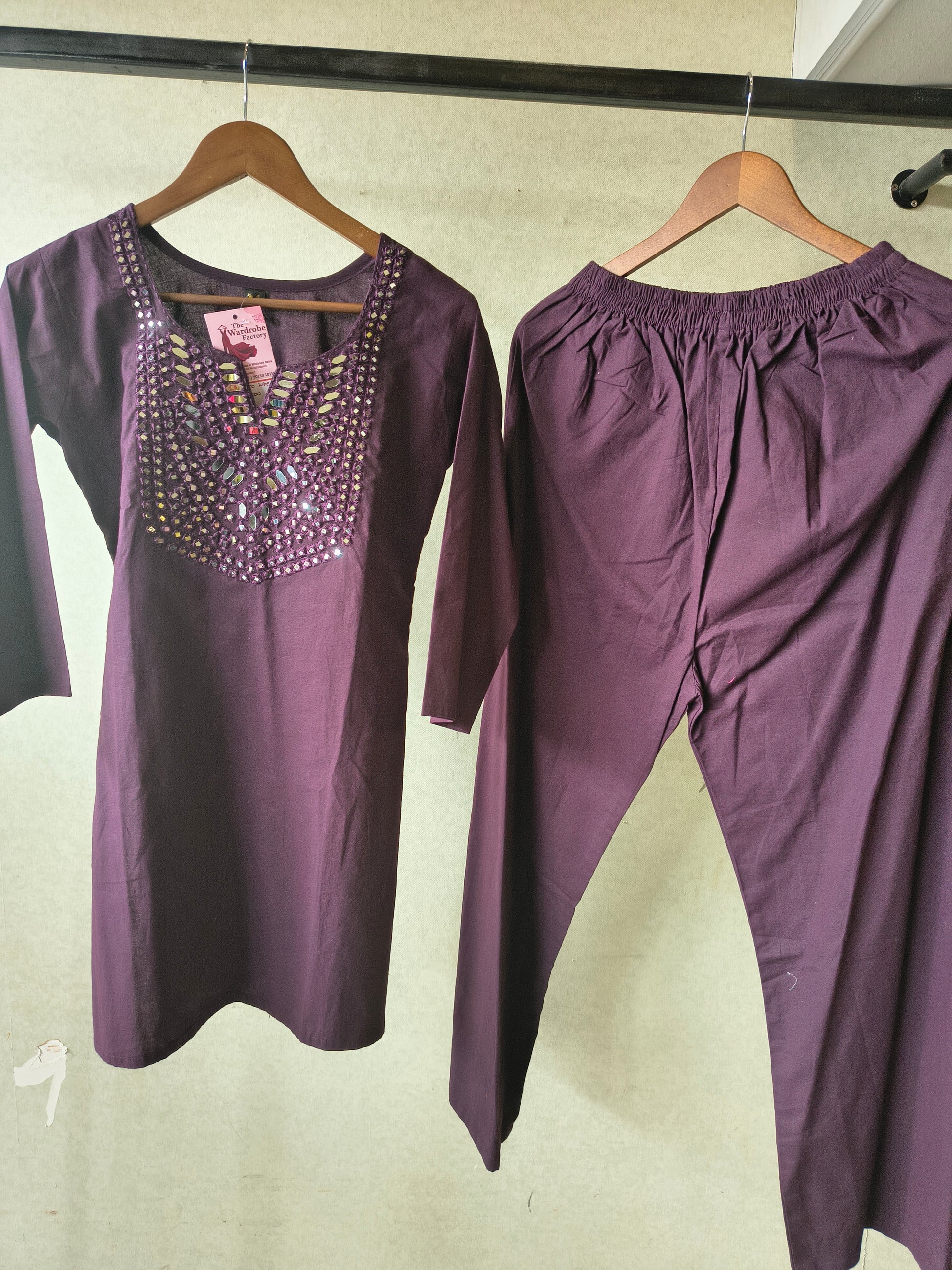 Premium Deep Wine Straight Kurta Set with Mirror Embellished Yoke & Solid Palazzo Pants