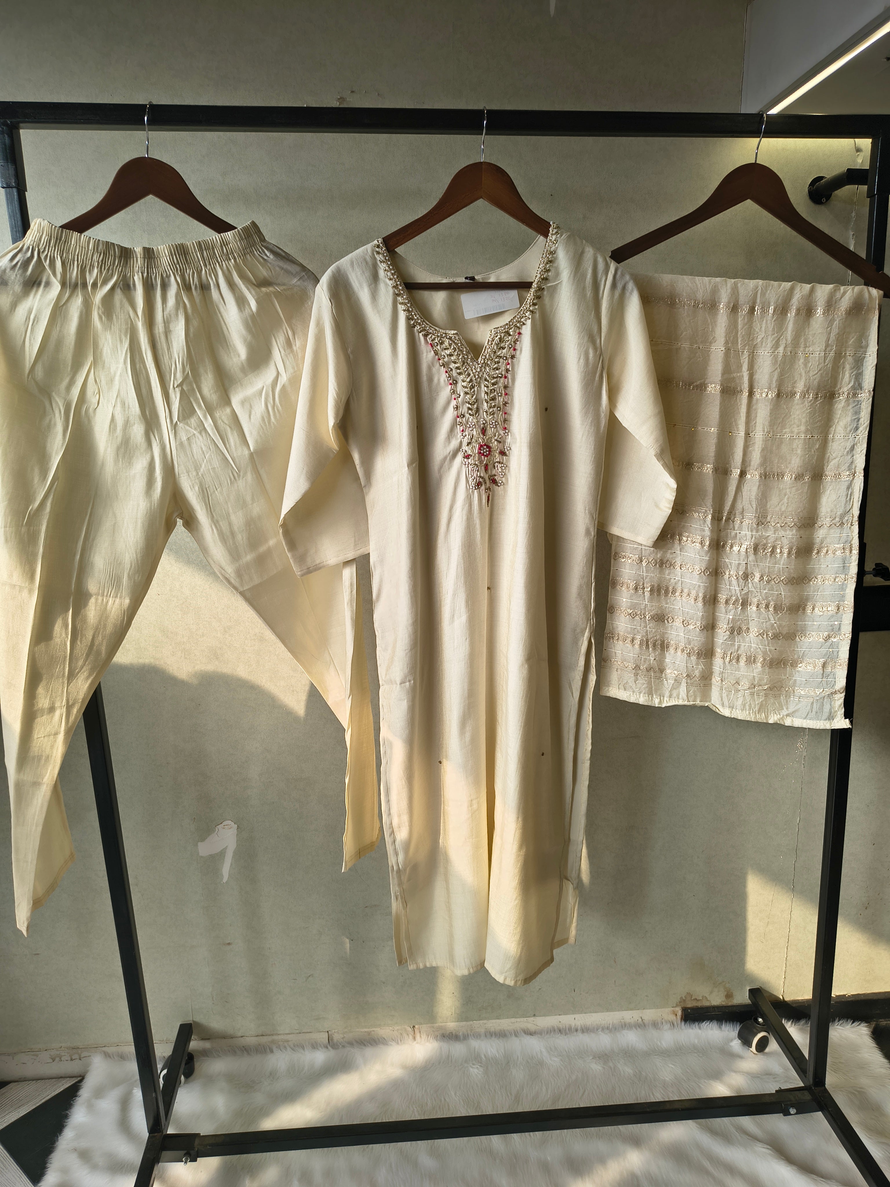 Image of Premium Ivory Hand-Embroidered Straight Kurta with Cotton Pants & Woven Dupatta Set