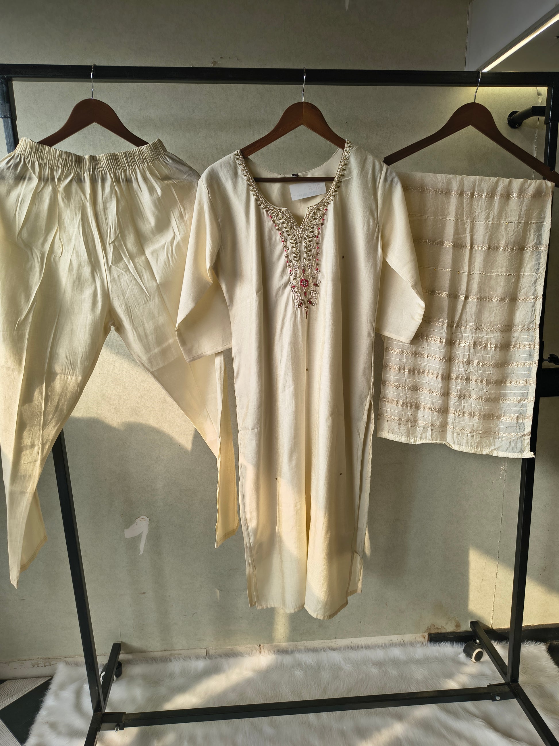 Premium Ivory Hand-Embroidered Straight Kurta with Cotton Pants & Woven Dupatta Set