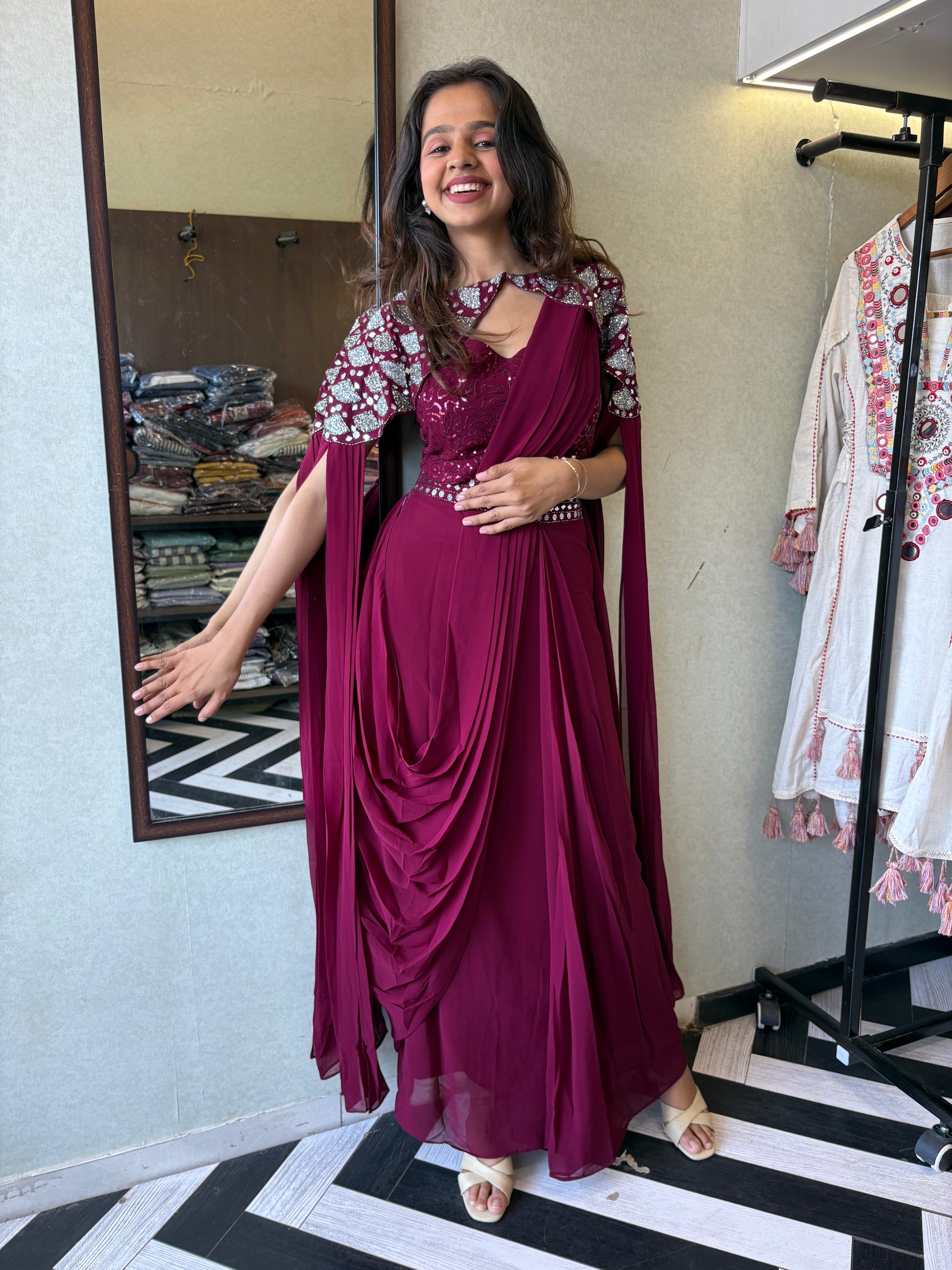 Our Maroon Georgette 3-Piece Saree-Style Indo-Western Set, where classic charm meets modern flair.