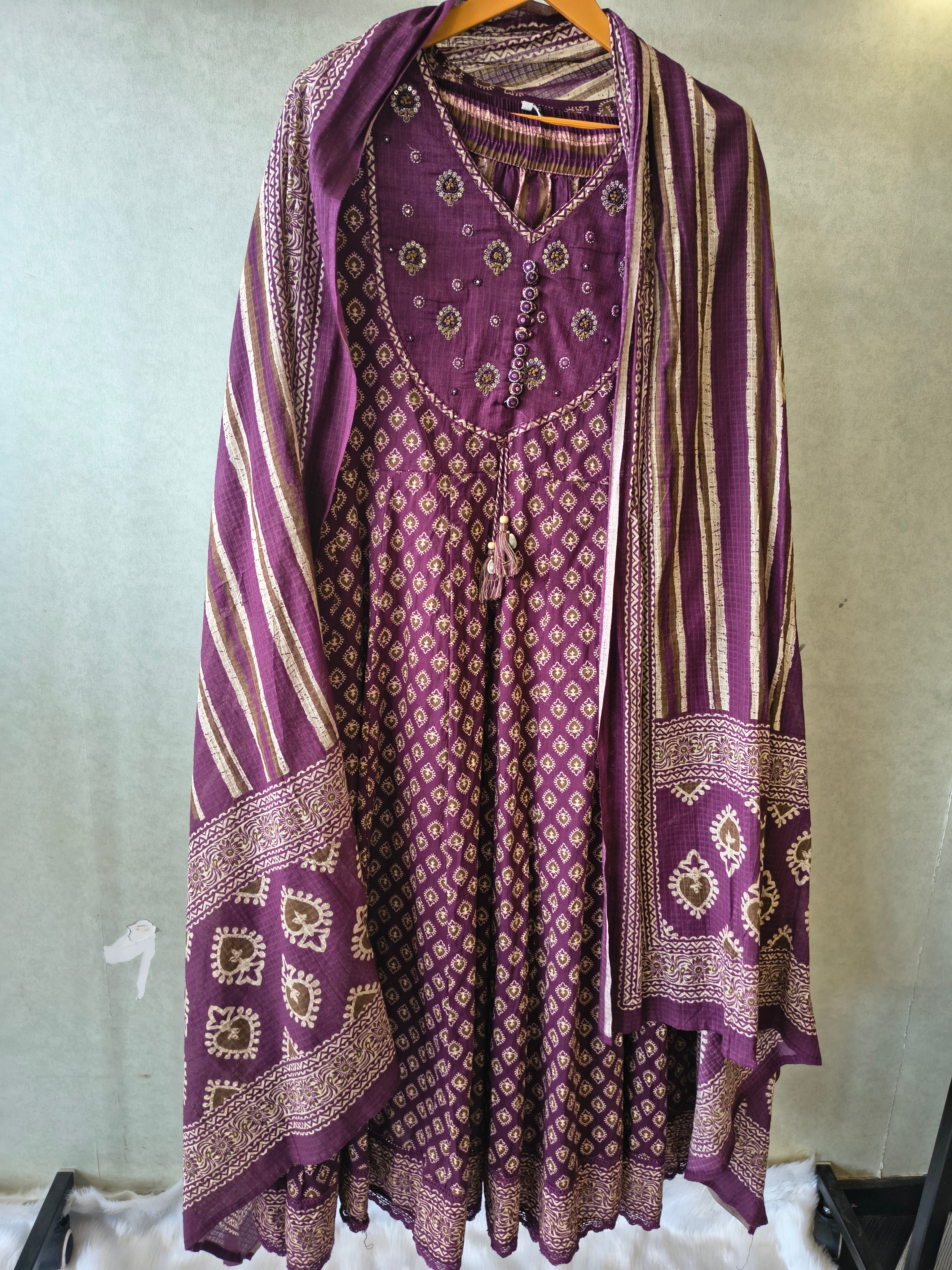 Image of Plum Printed Cotton Anarkali Suit Set with Striped Pants & Dupatta