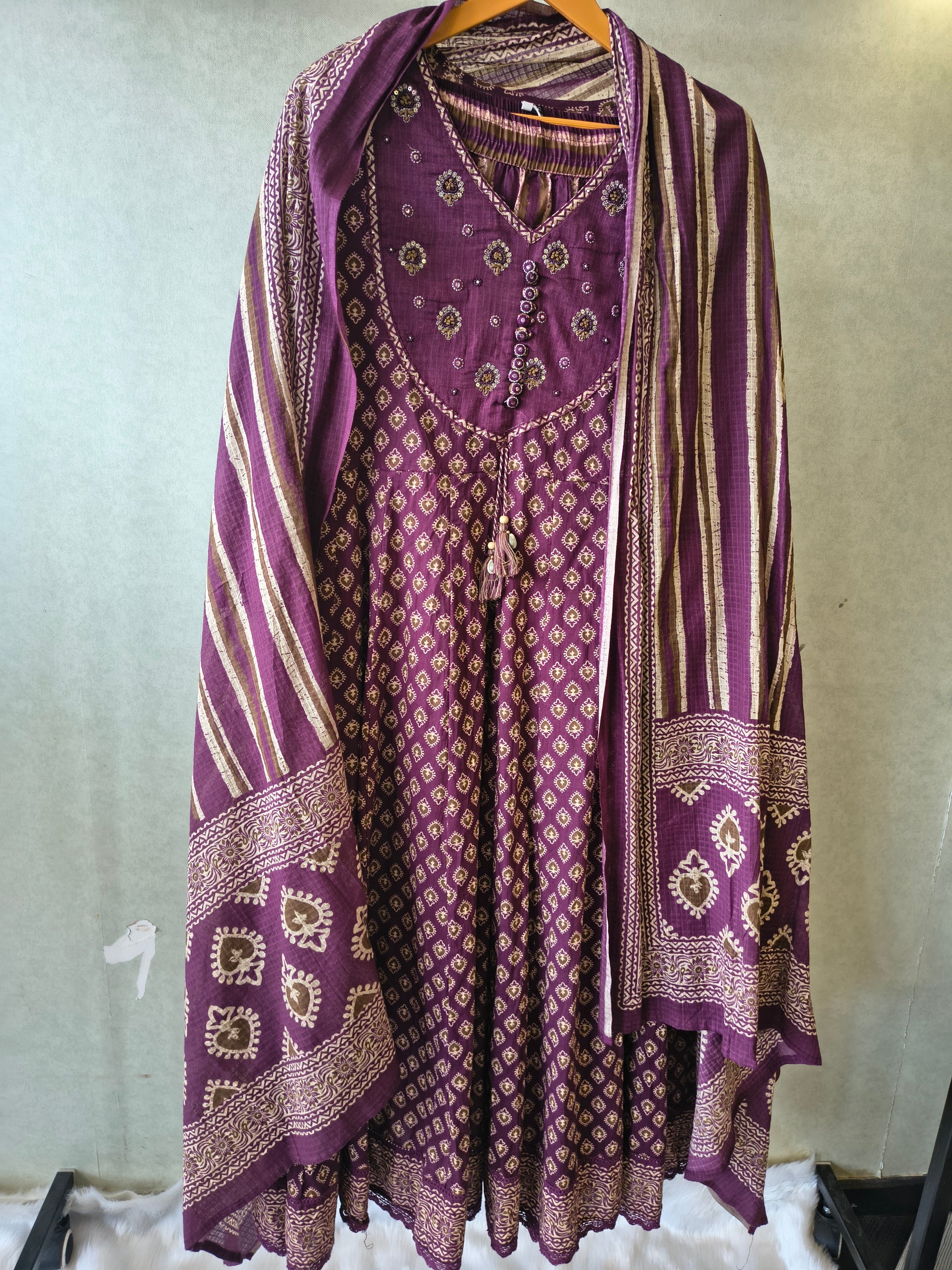 Plum Printed Cotton Anarkali Suit Set with Striped Pants & Dupatta