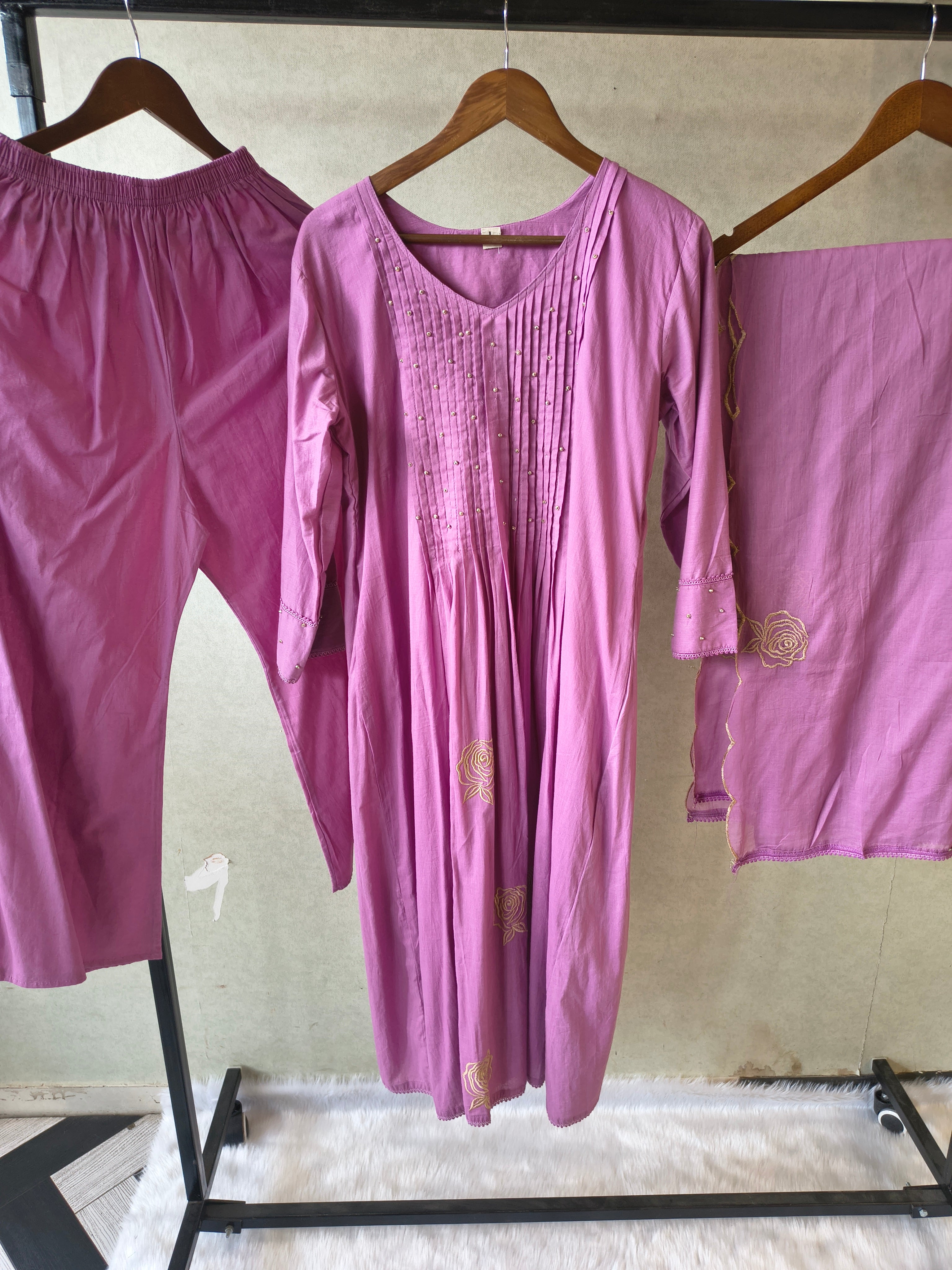 Image of Dusty Mauve Cotton Blend 3-Piece Suit Set with Pintuck Detailing & Delicate Floral Embroidery