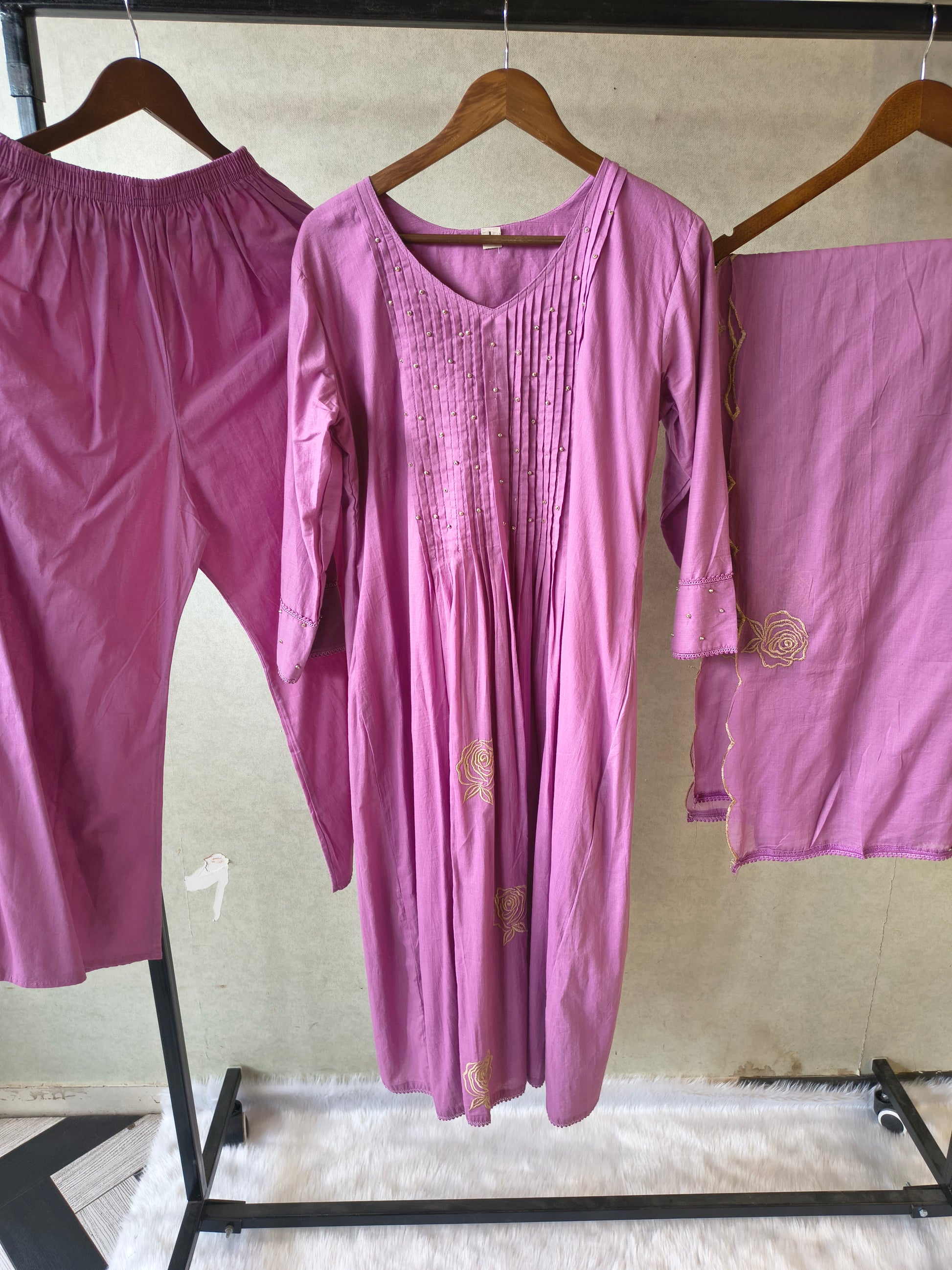 Dusty Mauve Cotton Blend 3-Piece Suit Set with Pintuck Detailing & Delicate Floral Embroidery
